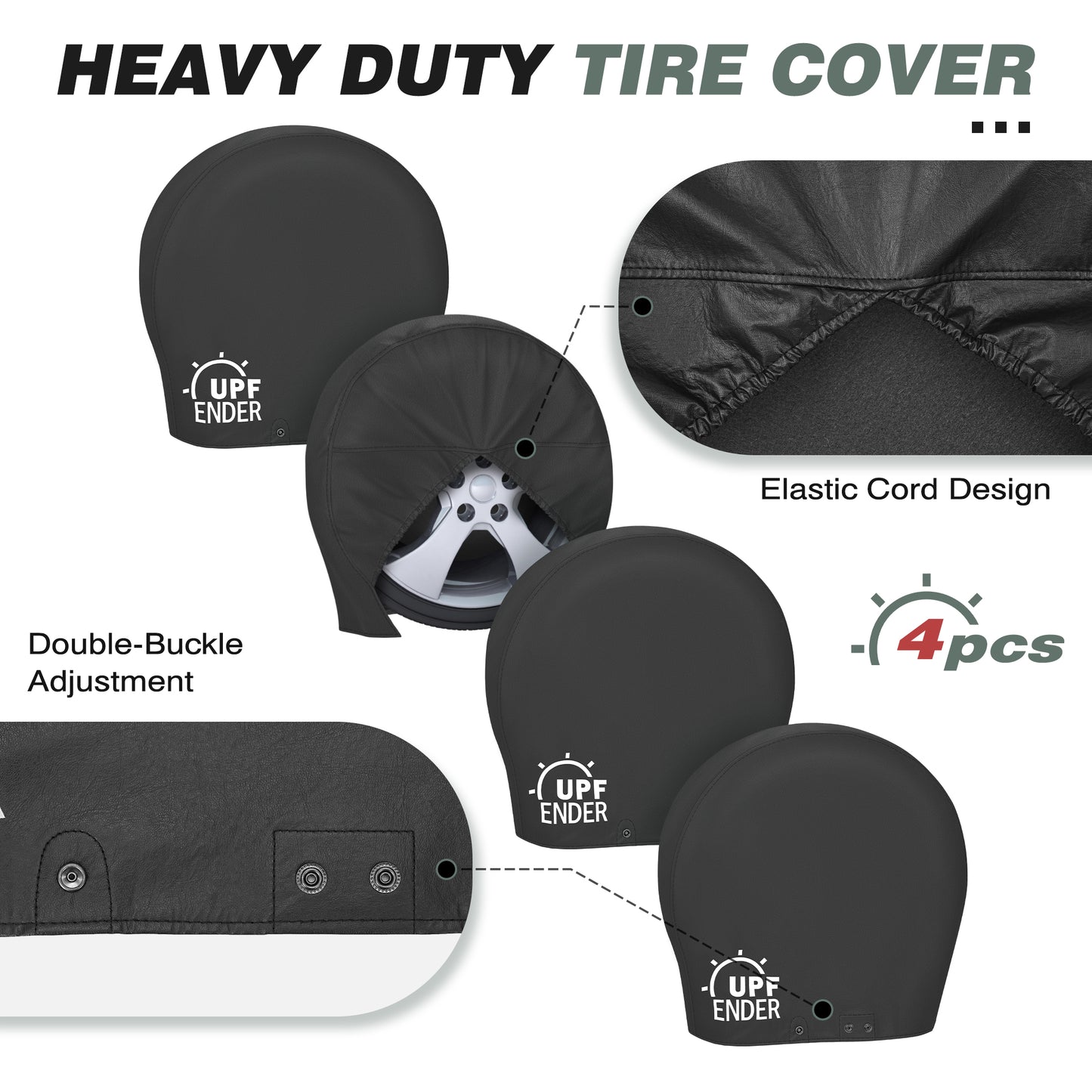 Heavy-duty tire cover with UFF ENDER branding, showing features like elastic cord design and double-buckle adjustment. black