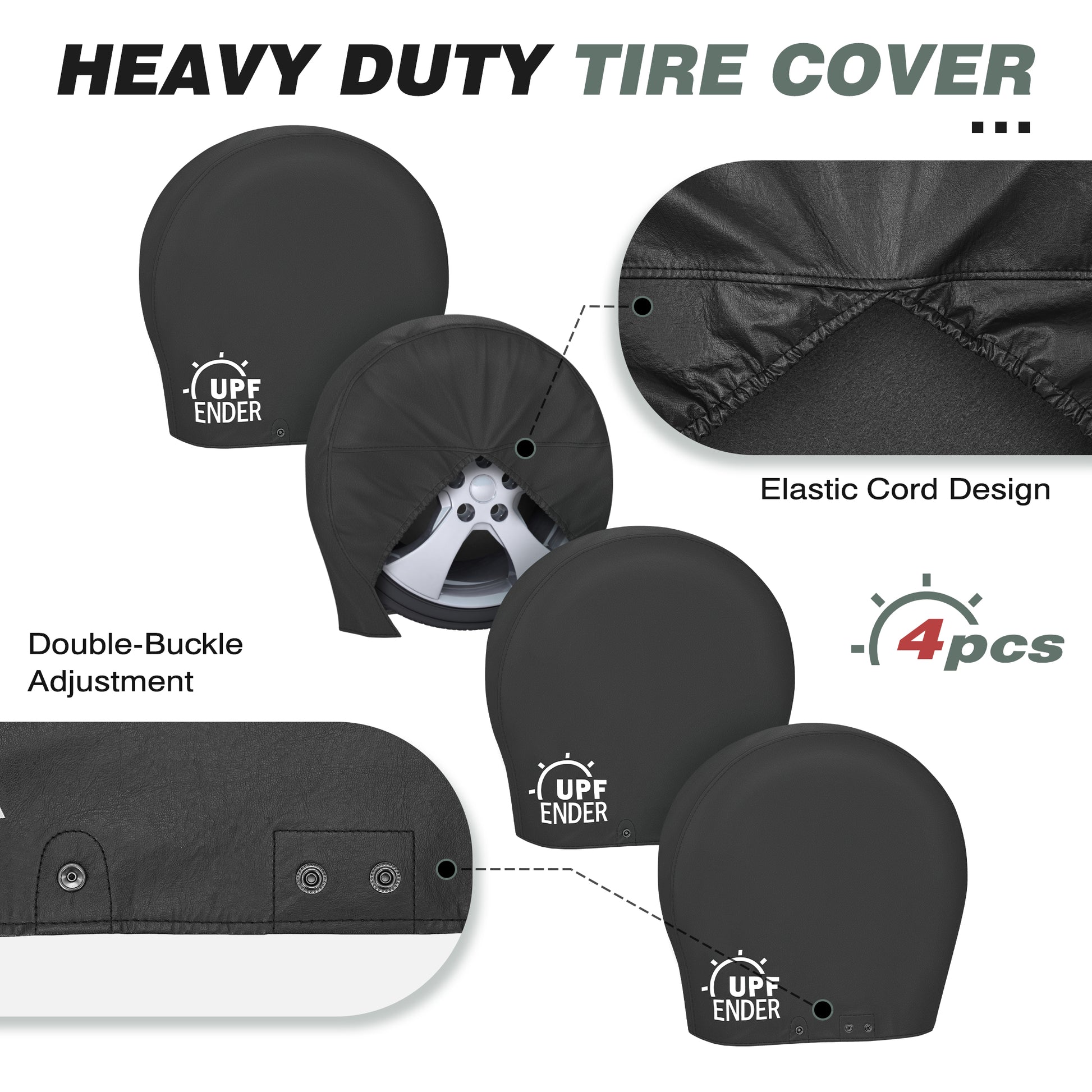 Heavy-duty tire cover with UFF ENDER branding, showing features like elastic cord design and double-buckle adjustment. black