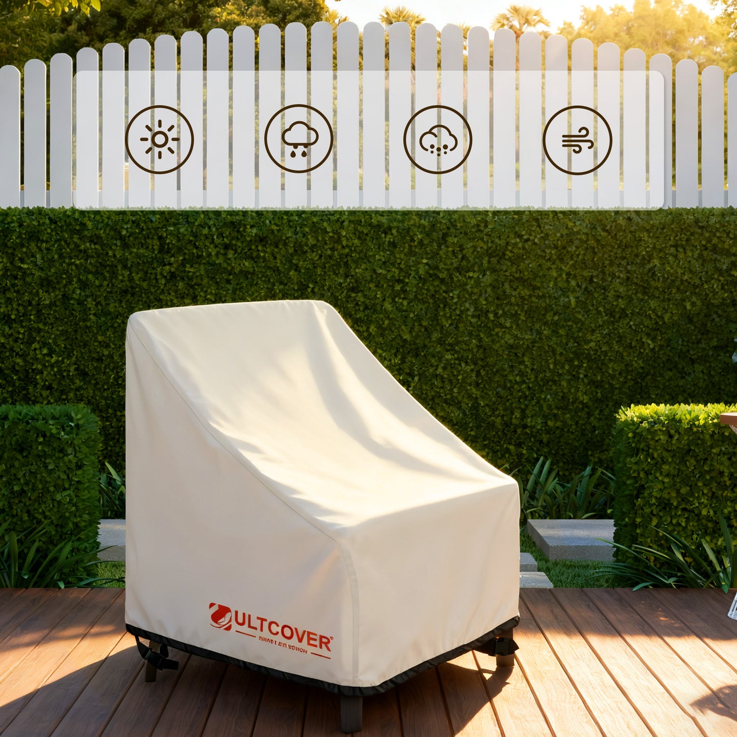 Outdoor chair covered with a Ultcover protective cover on a wooden deck. beige
