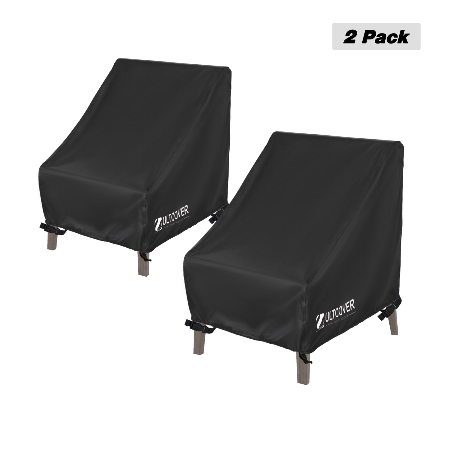 Two black Ultcover chair covers on a white background black