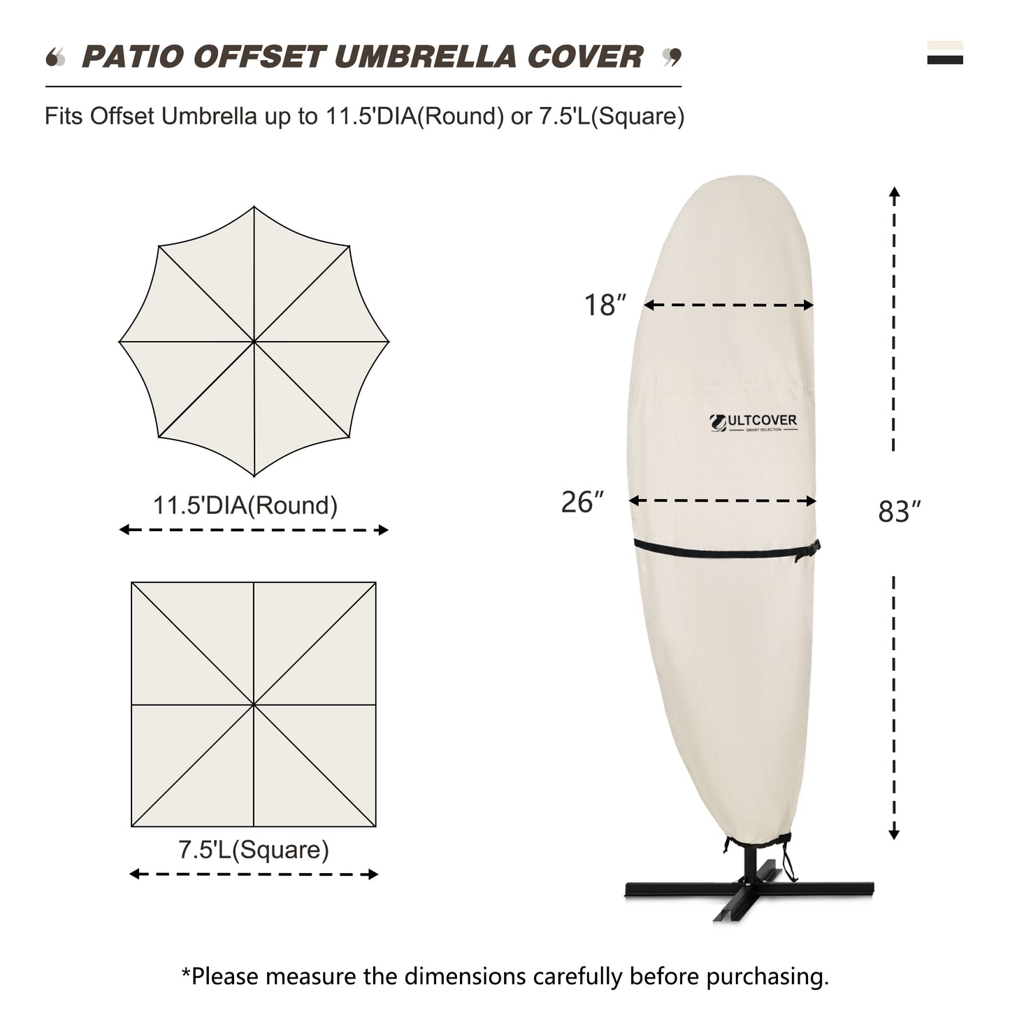 Patio offset umbrella cover with dimensions and Ultcover branding beige