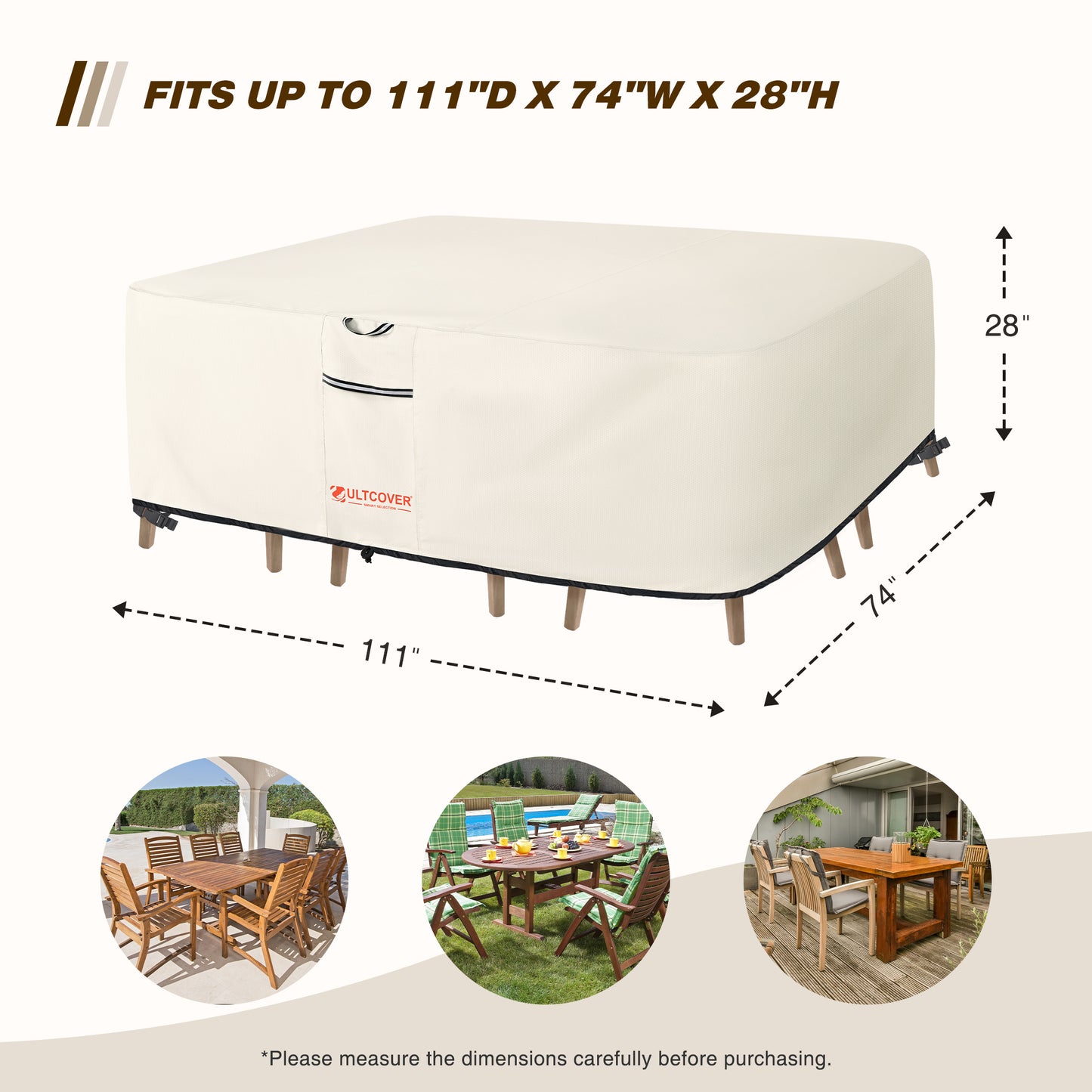 Outdoor furniture cover with dimensions and examples of use on a white background beg-size-tb4-600d