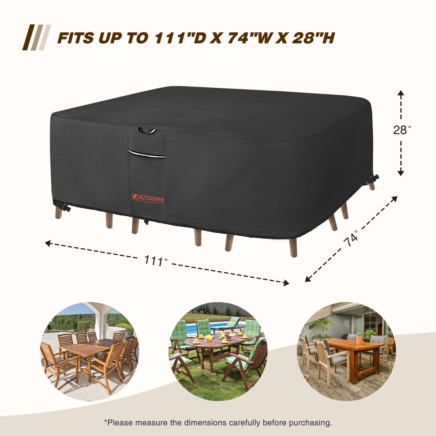 Black rectangular table cover with dimensions and usage examples on a white background blk-size-tb4-600d