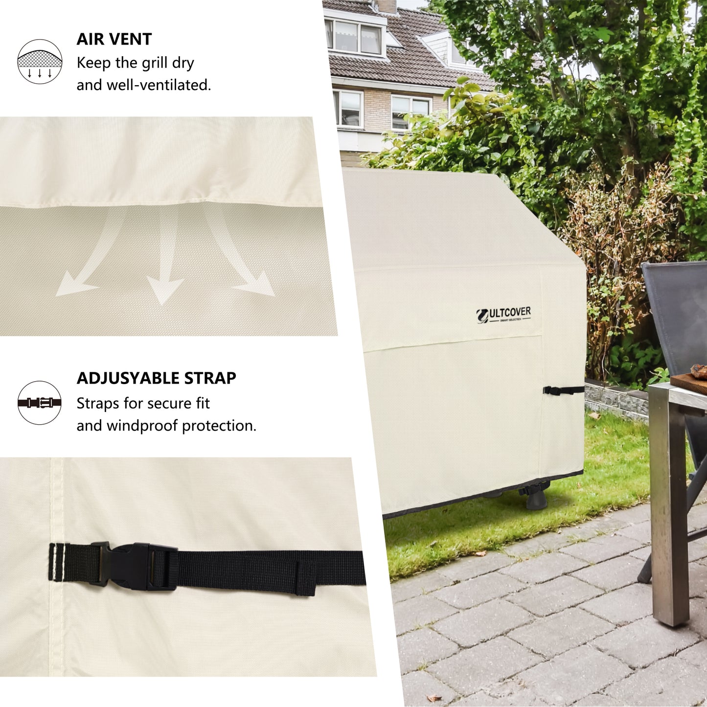 Outdoor gas grill cover protecting from rain and sun damage beige