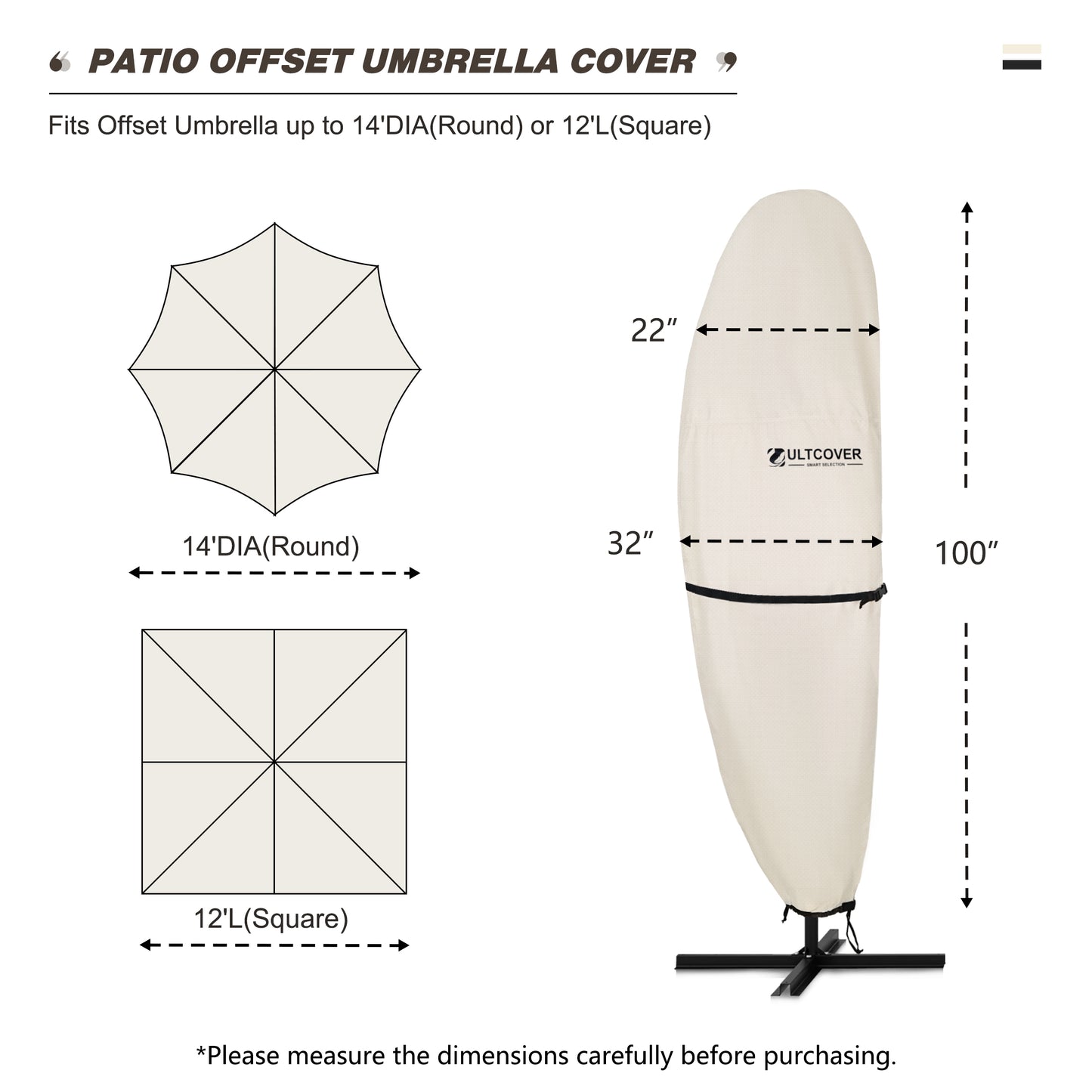 Patio offset umbrella cover with dimensions beige
