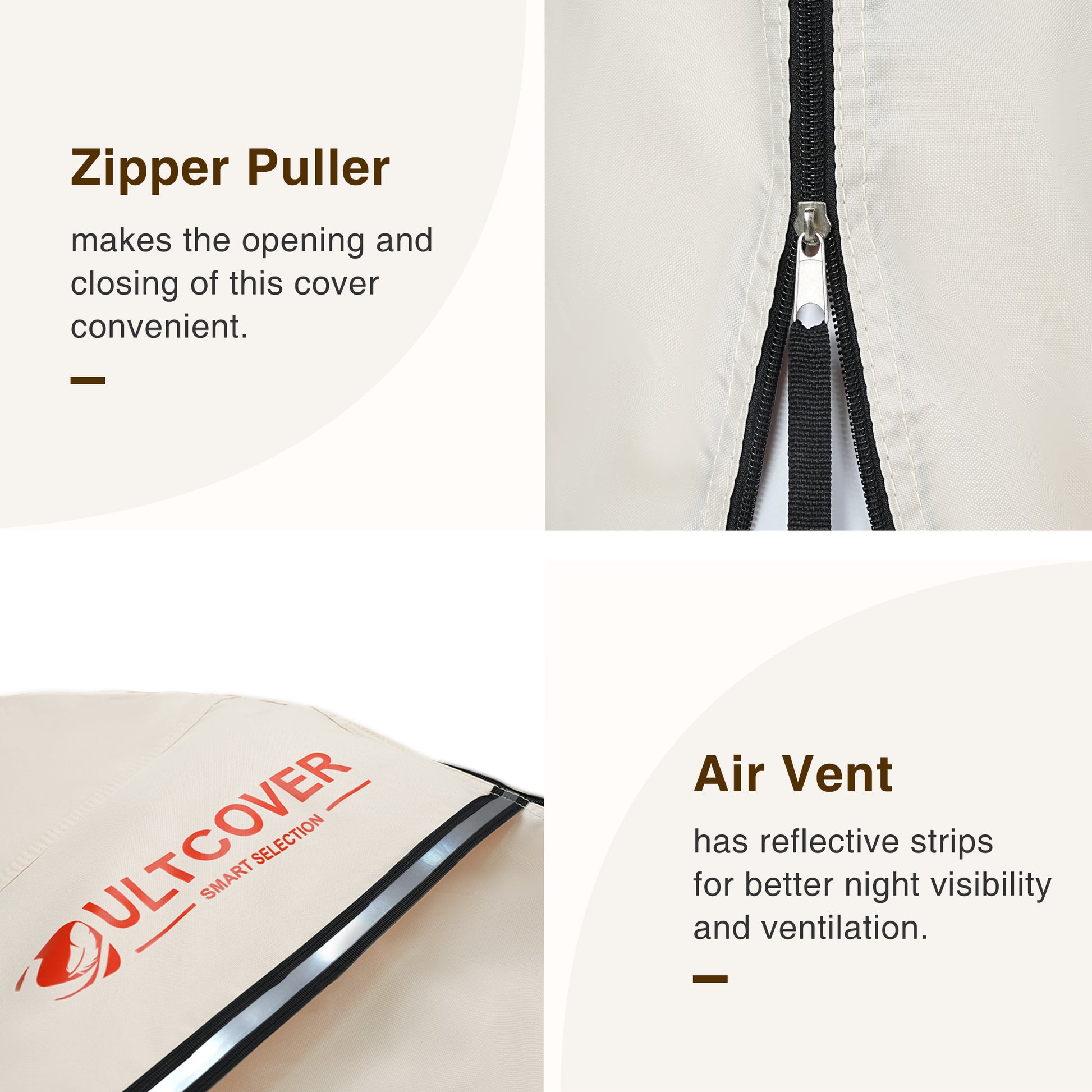 Product image with text highlighting zipper puller and air vent features, featuring the brand 'ULTCOVER'. beige