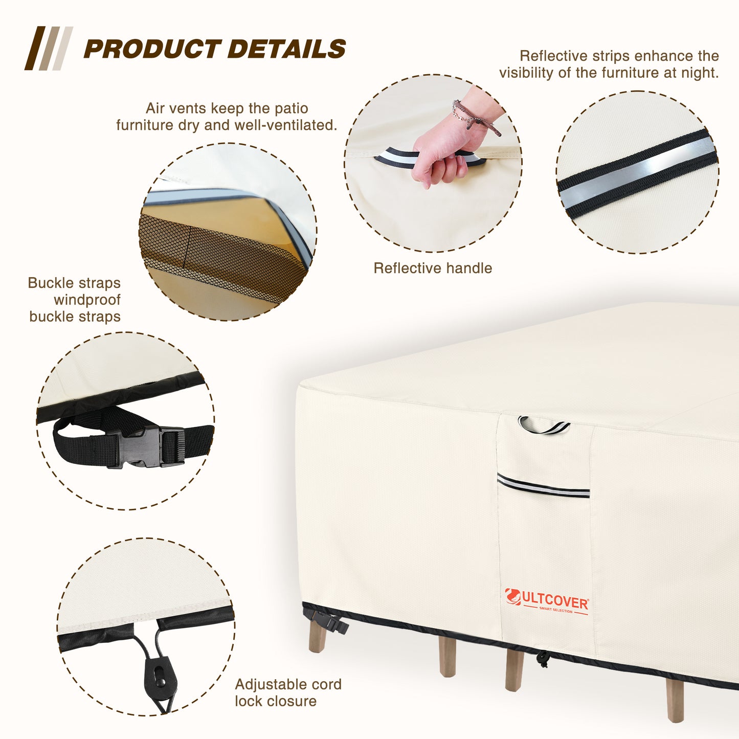 Zultcover patio furniture cover with product details on a white background beg-base-tablecover-600d