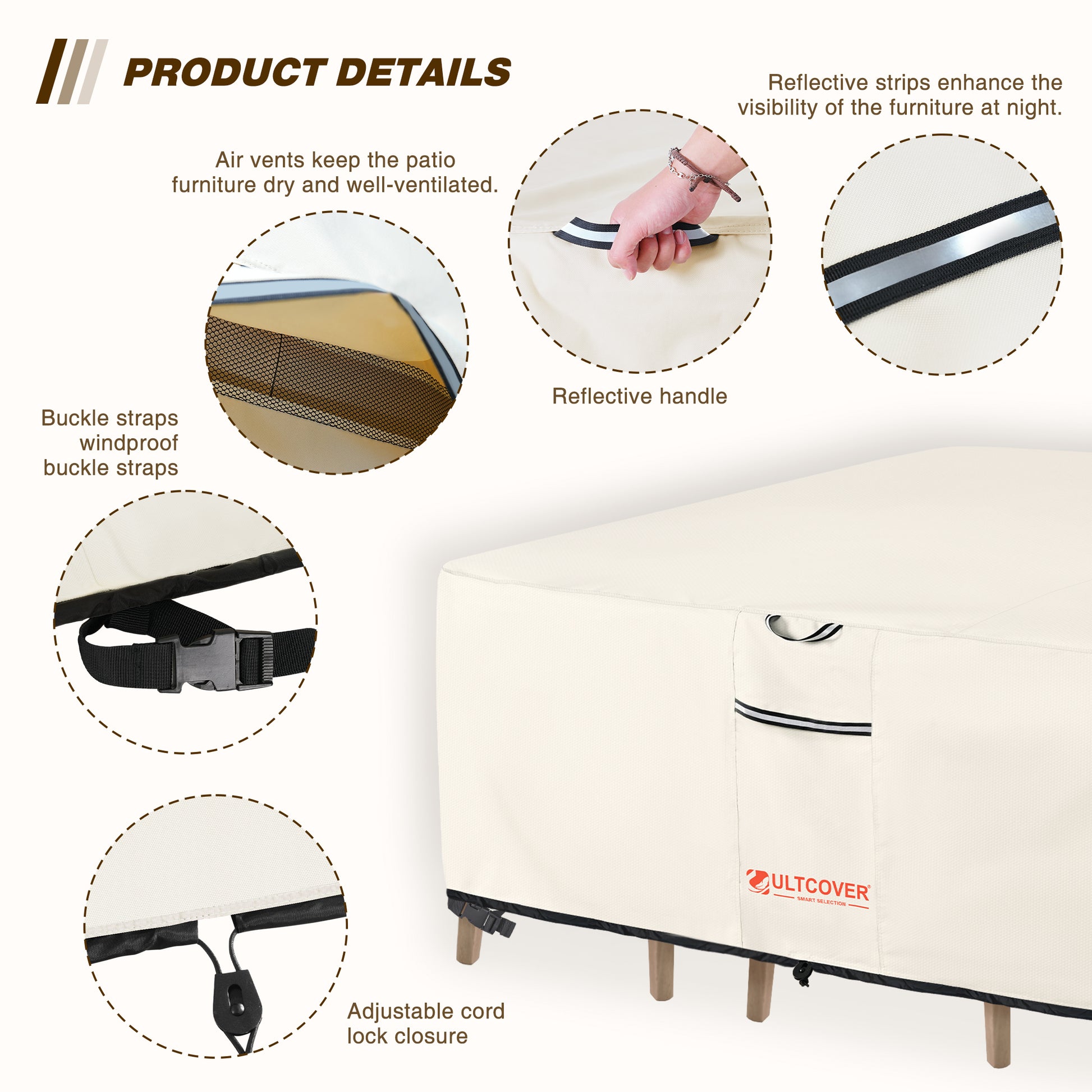Zultcover patio furniture cover with product details on a white background beg-base-tablecover-600d