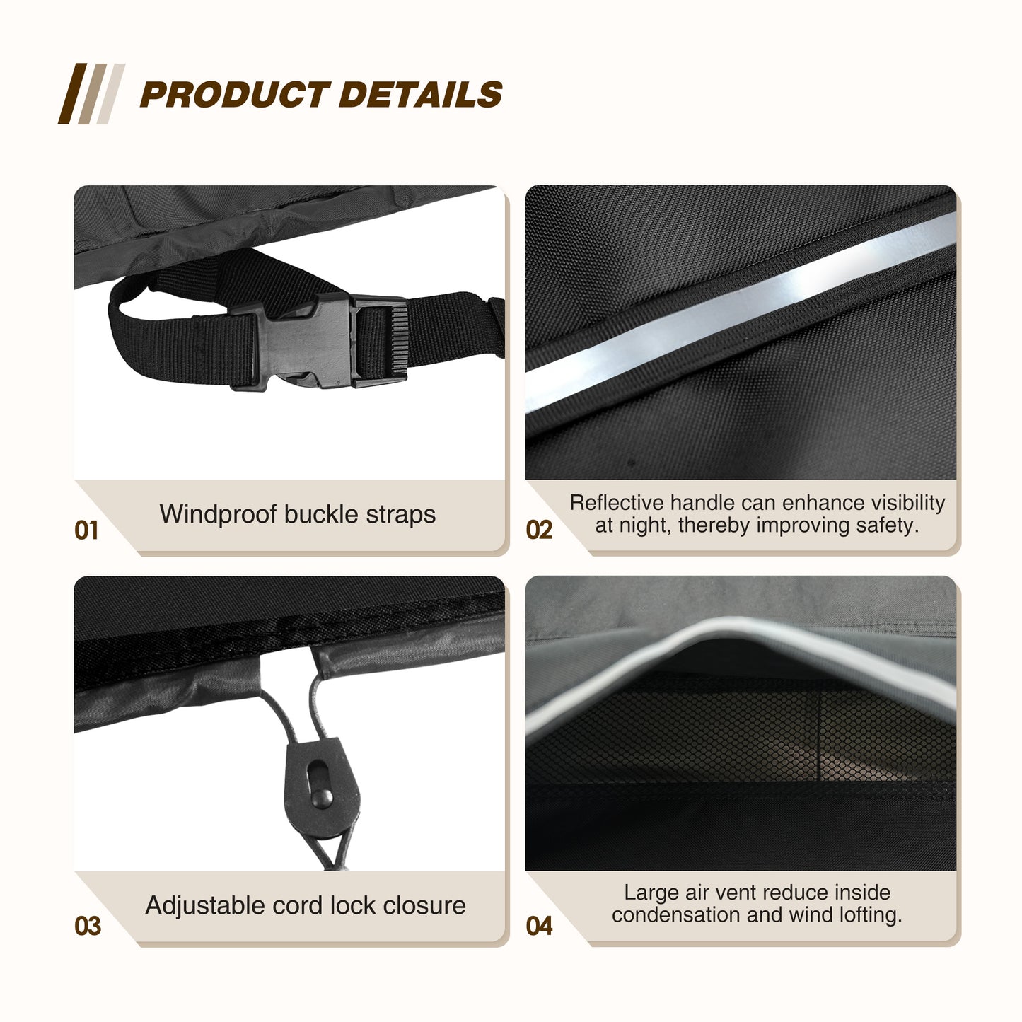 Product details of a bag with windproof buckle straps, reflective handle, adjustable cord lock closure, and large air vent. black