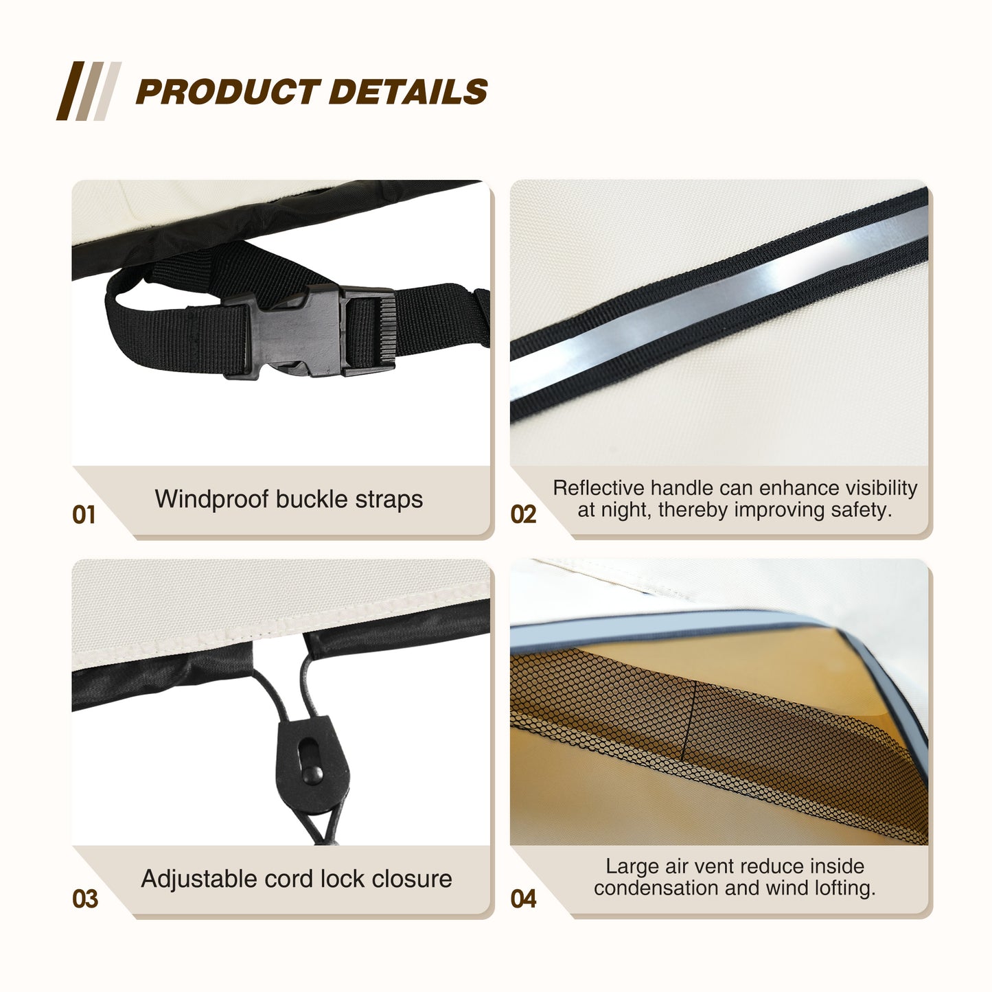 Product details of a car sunshade with windproof buckle straps, reflective handle, adjustable cord lock closure, and large air vent. beige