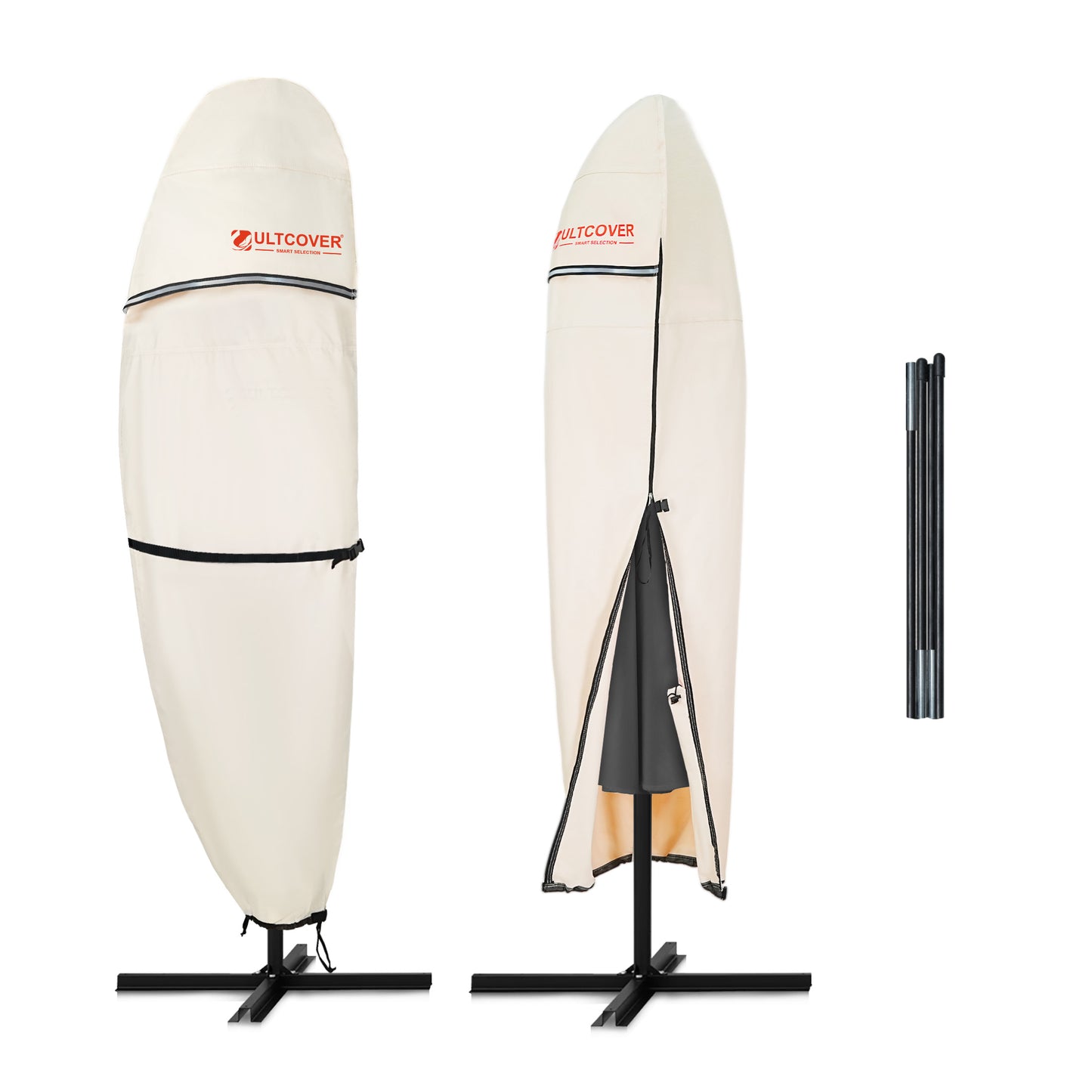 Two surfboards with straps on stands, featuring 'ULTCOVER' branding. beige