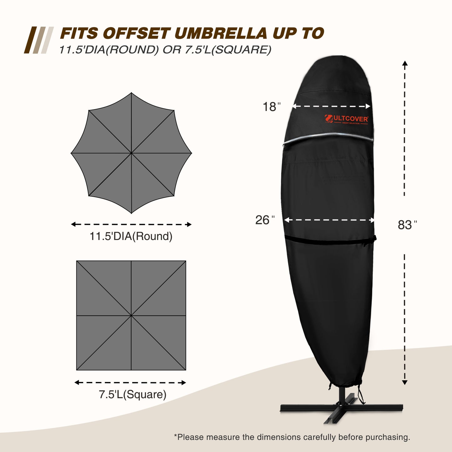 Measurement chart for an umbrella cover with dimensions of an offset umbrella and cover. black
