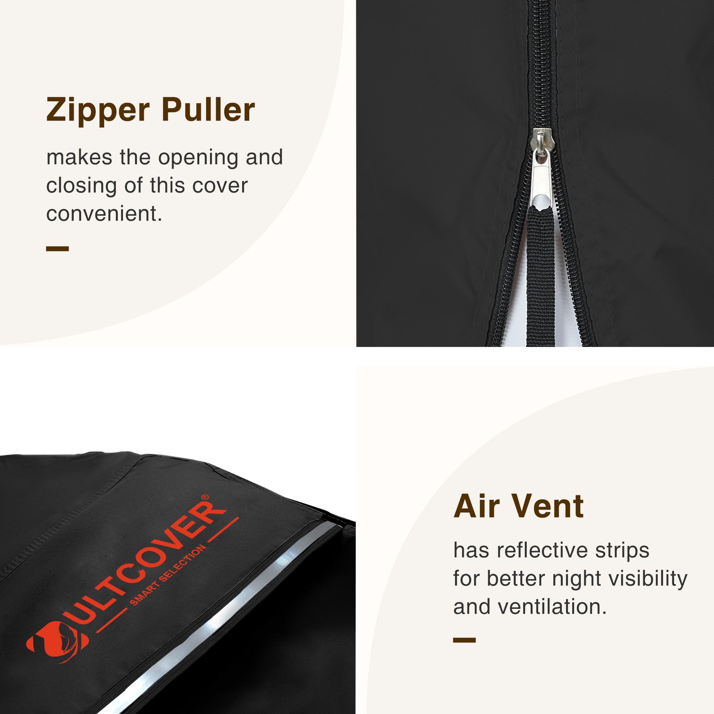 Black cover with zipper puller and air vent features, branded 'ULTCOVER'. black