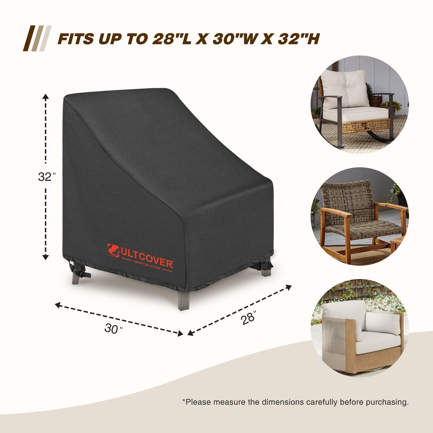 Black chair cover with dimensions and Ultcover branding black