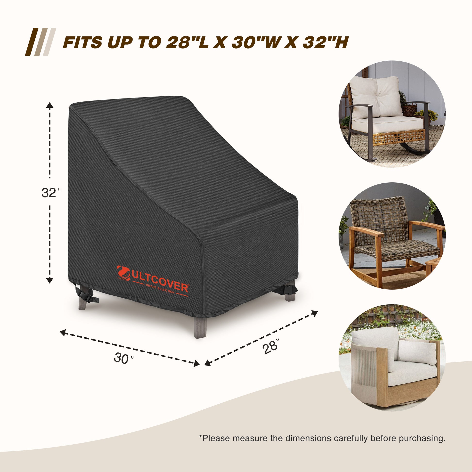 Black chair cover with dimensions and Ultcover branding black