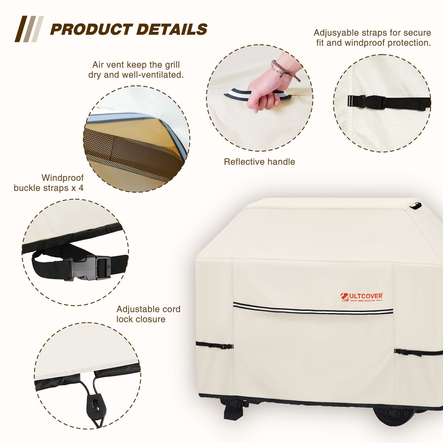 Product details of a grill cover with features like air vent, adjustable straps, reflective handle, windproof buckle straps, and adjustable cord lock closure. beige