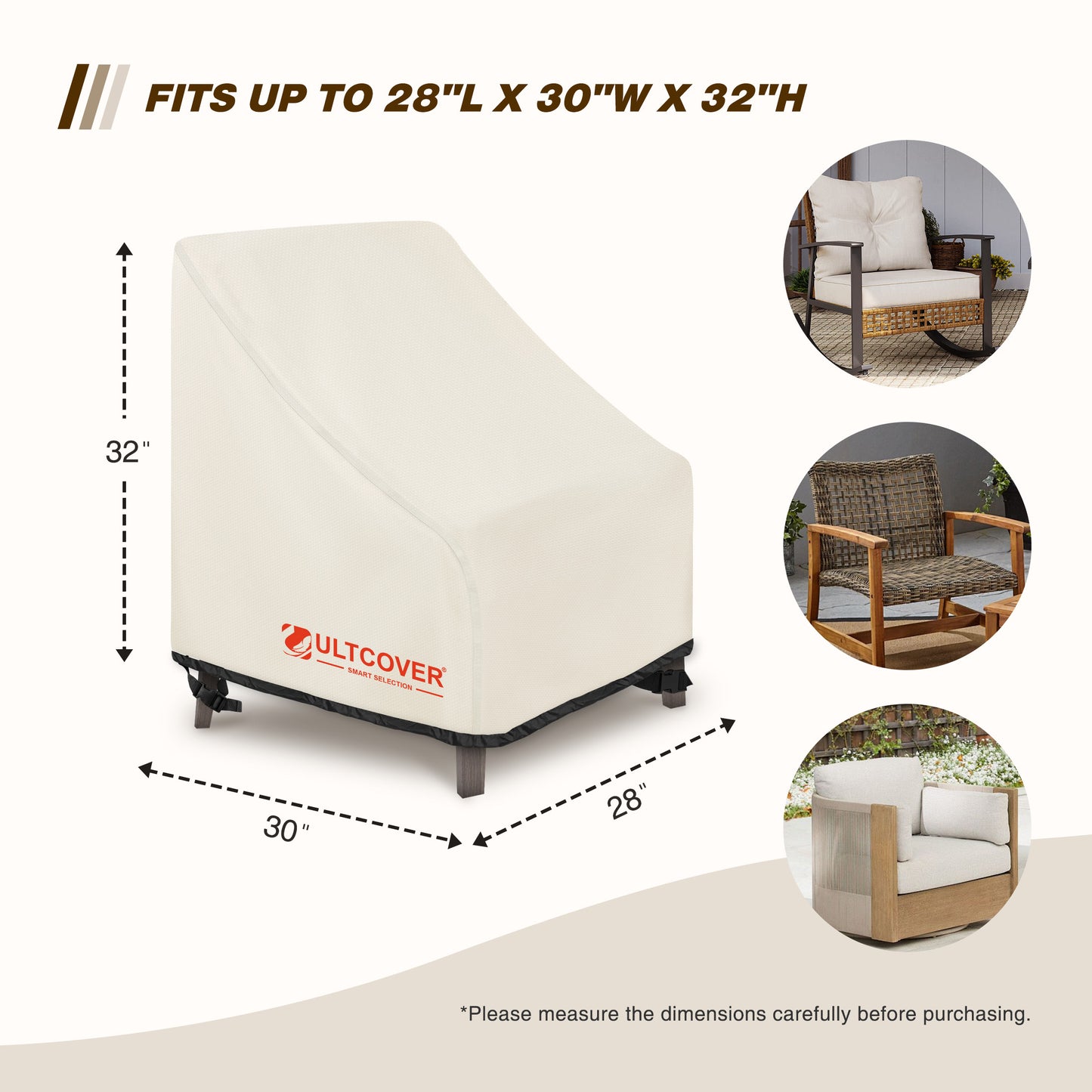 Chair cover with dimensions and Ultcover branding beige