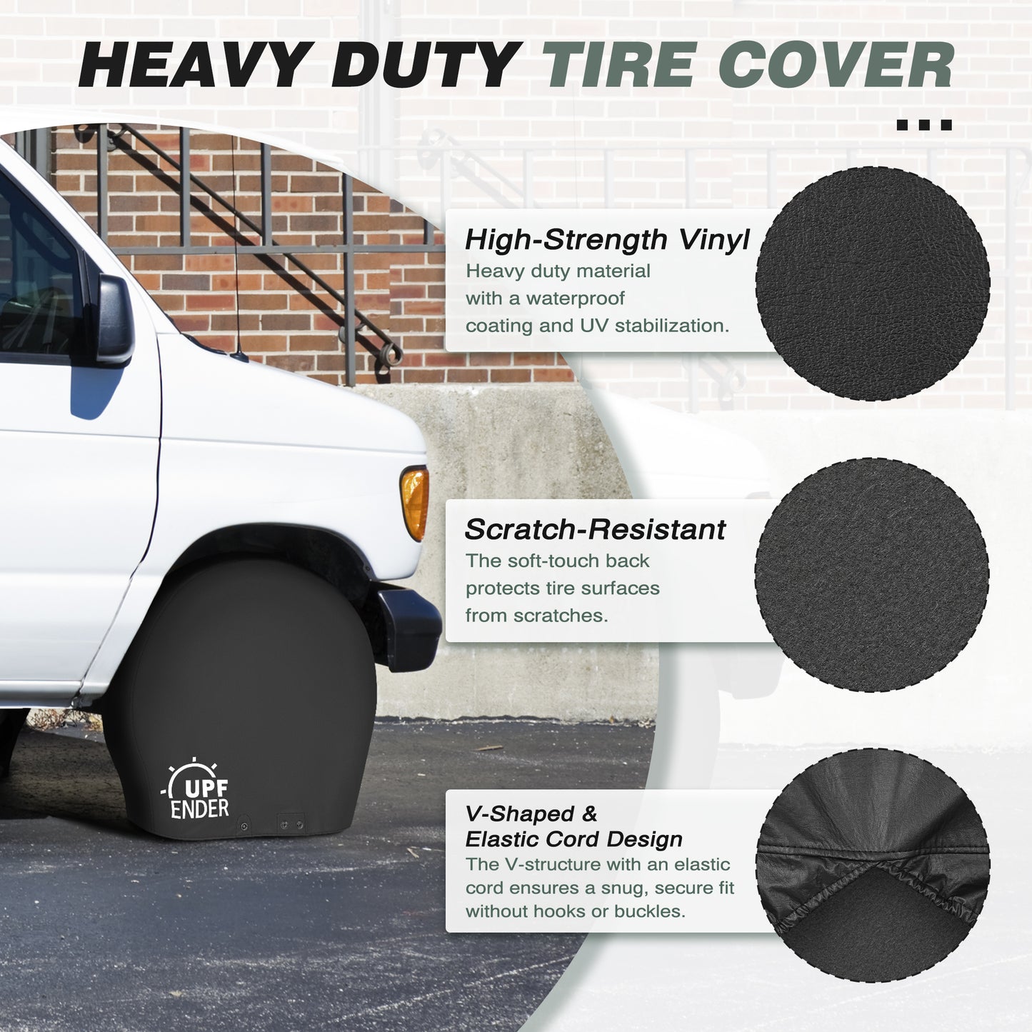 Heavy-duty tire cover with features highlighted black