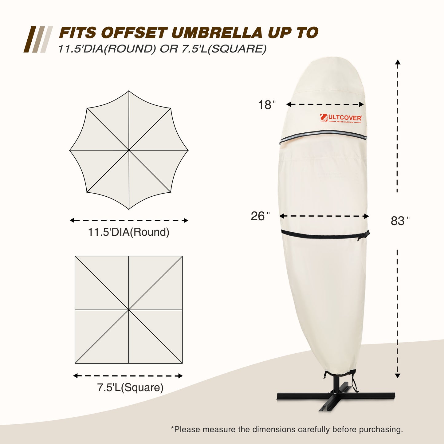Measurement chart for Ultcover umbrella cover showing dimensions and compatibility with offset umbrellas. beige