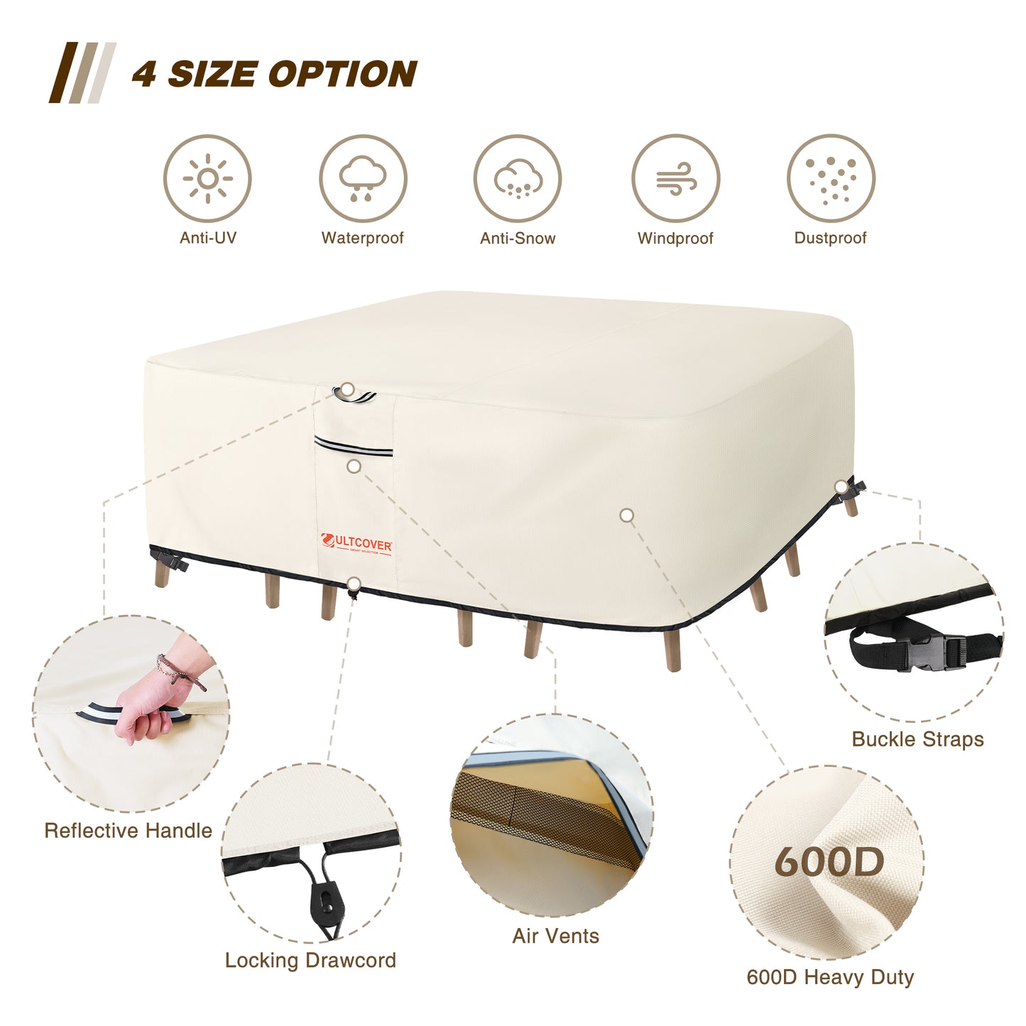 Car cover with features highlighted on a white background beg-base-tablecover-600d