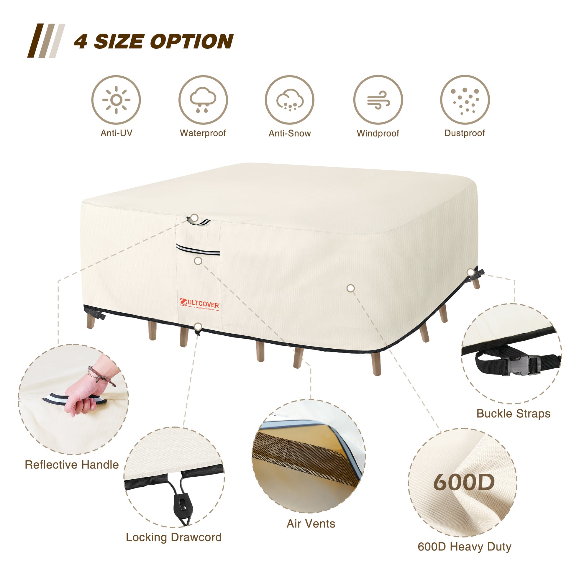 Car cover with features highlighted on a white background beg-base-tablecover-600d