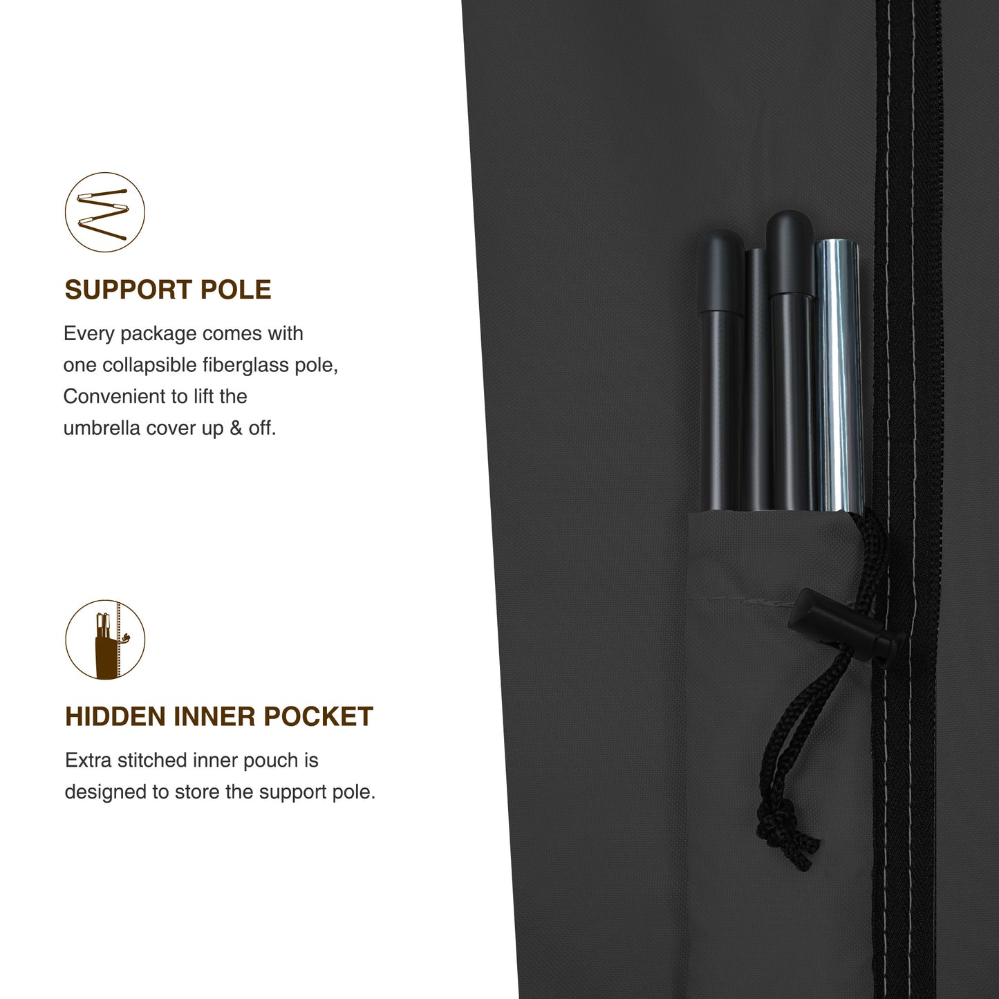 Umbrella with support pole and hidden inner pocket black