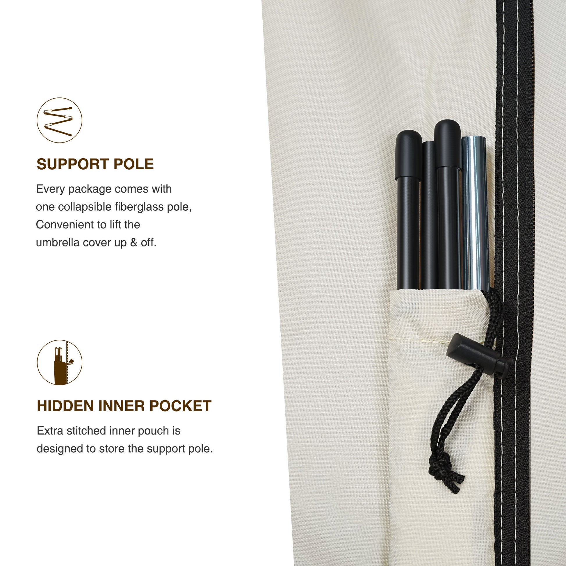 Umbrella with support pole and hidden inner pocket beige