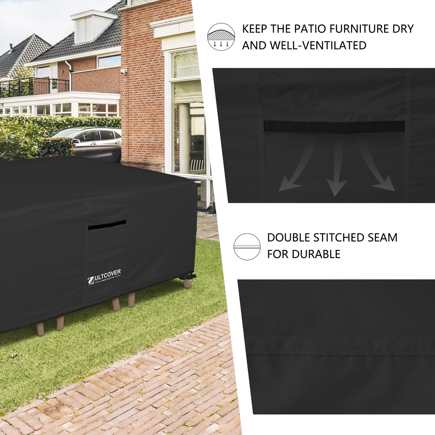 Black patio furniture cover with text on durability and care, shown outdoors. black