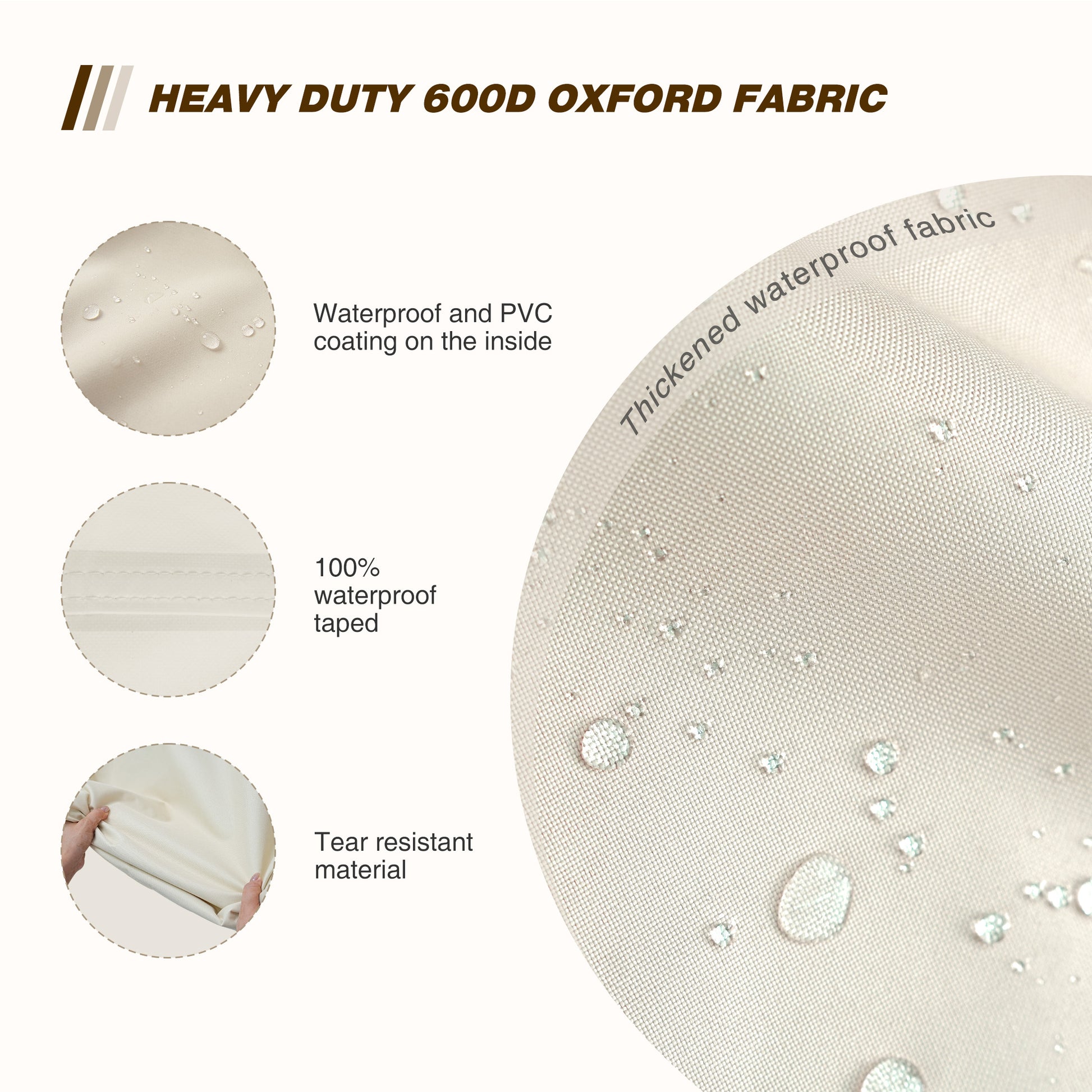 Heavy-duty 600D Oxford fabric with waterproof and tear-resistant properties, shown with water droplets and text. beg-base-tablecover-600d