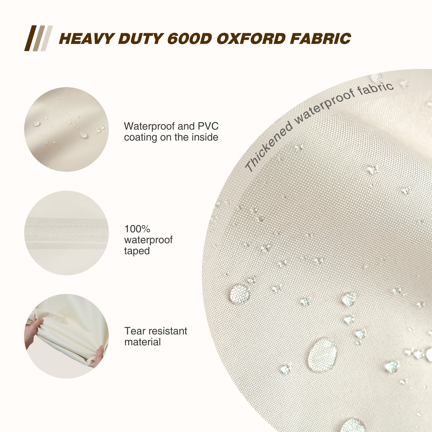 Heavy-duty 600D Oxford fabric with waterproof and tear-resistant properties, shown with water droplets beige