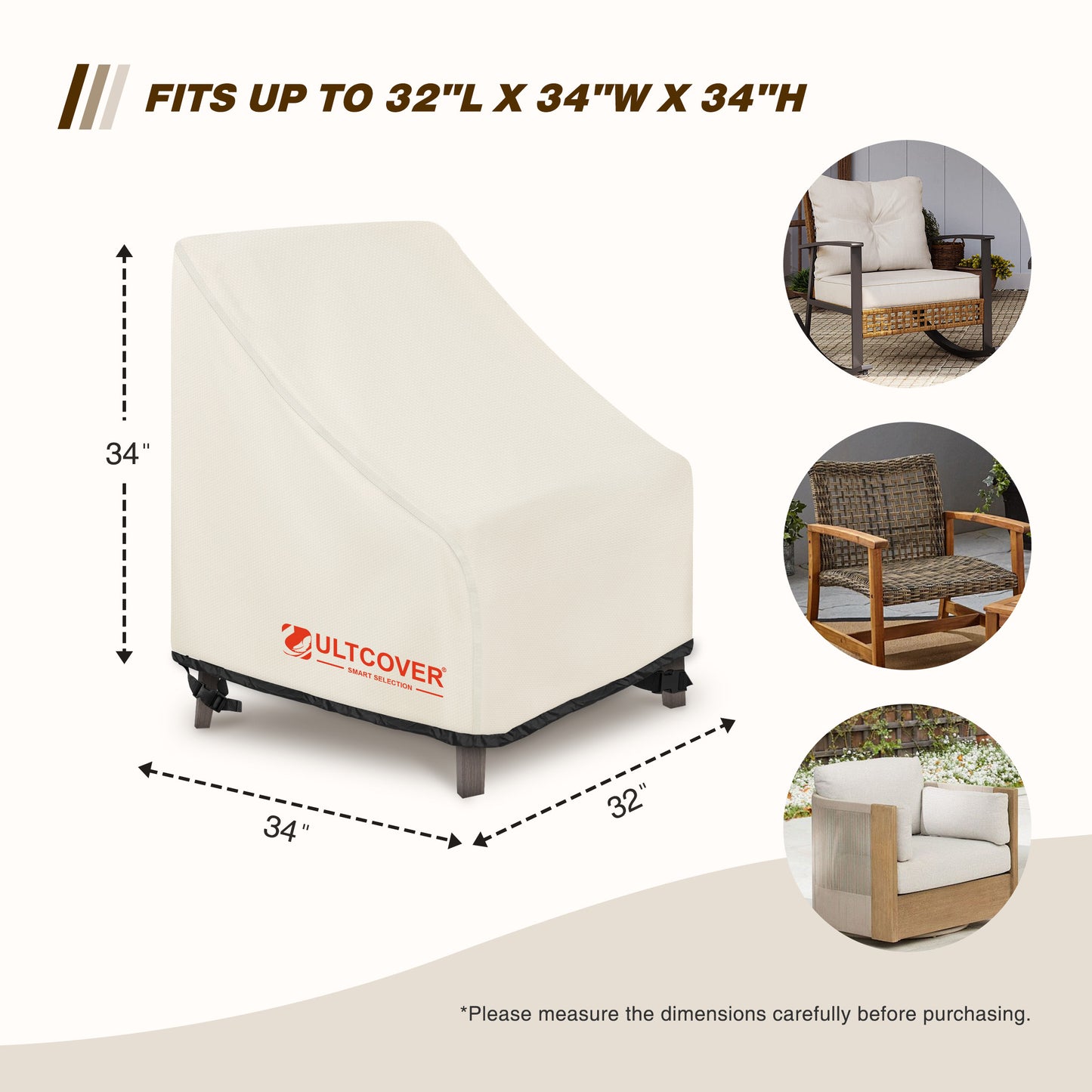 Outdoor furniture cover with dimensions and Ultcover branding beige