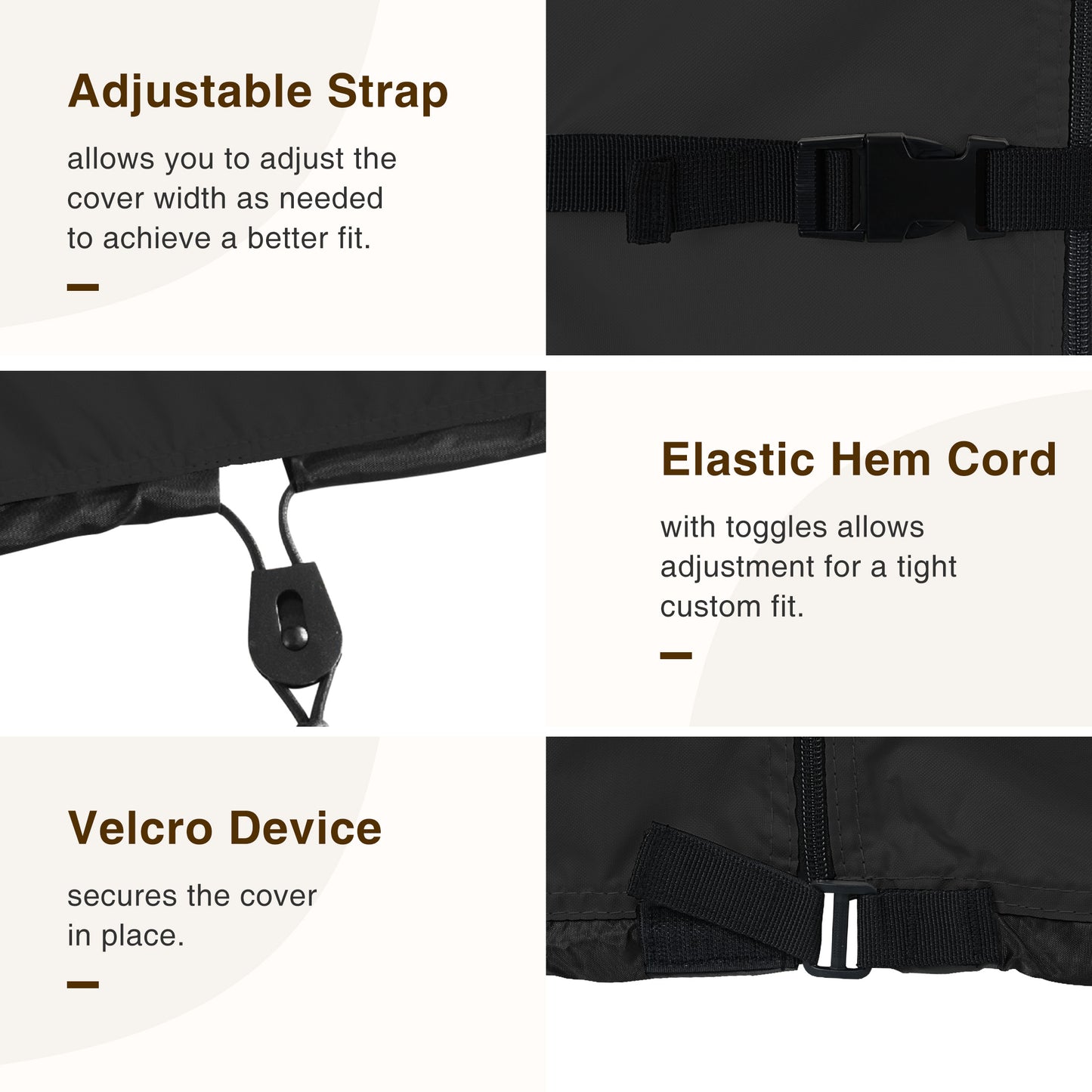Product features including adjustable strap, elastic hem cord with toggles, and velcro device on a black cover. black