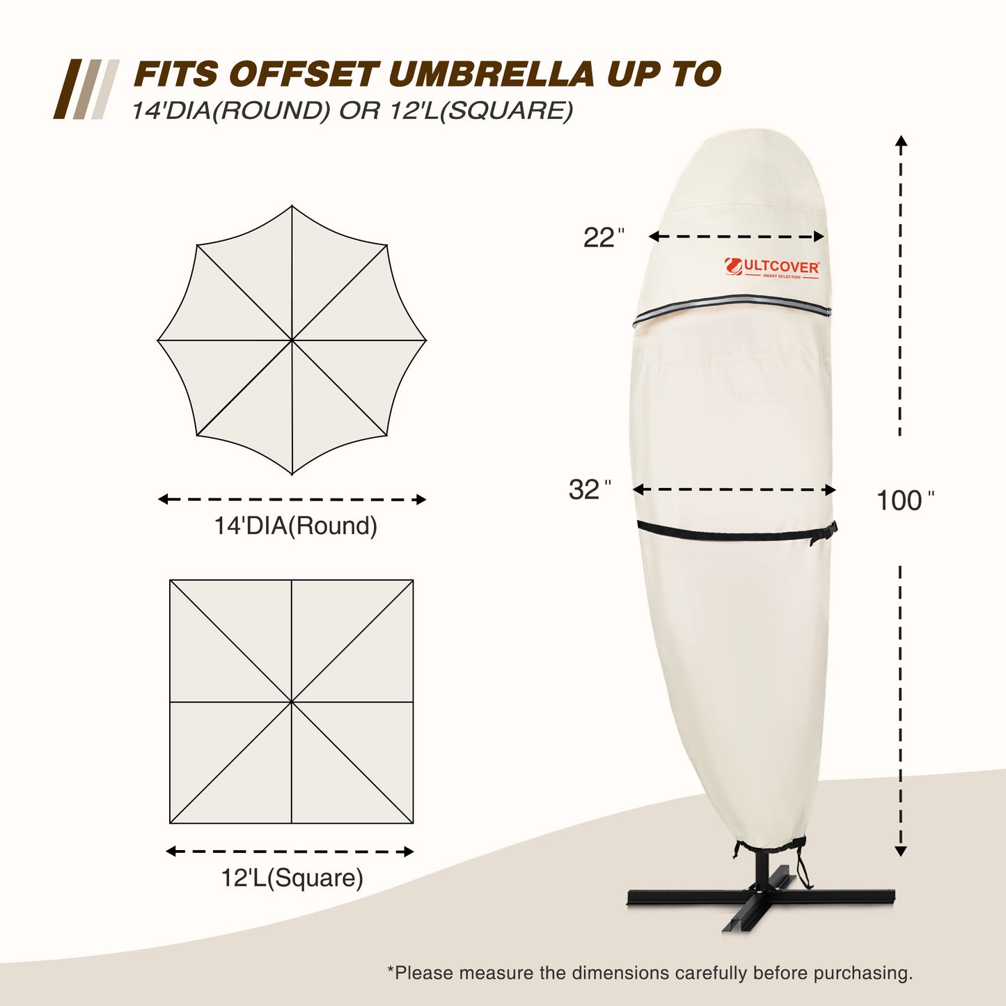 Measurement chart for Ultcover umbrella cover showing dimensions and fitting information. beige