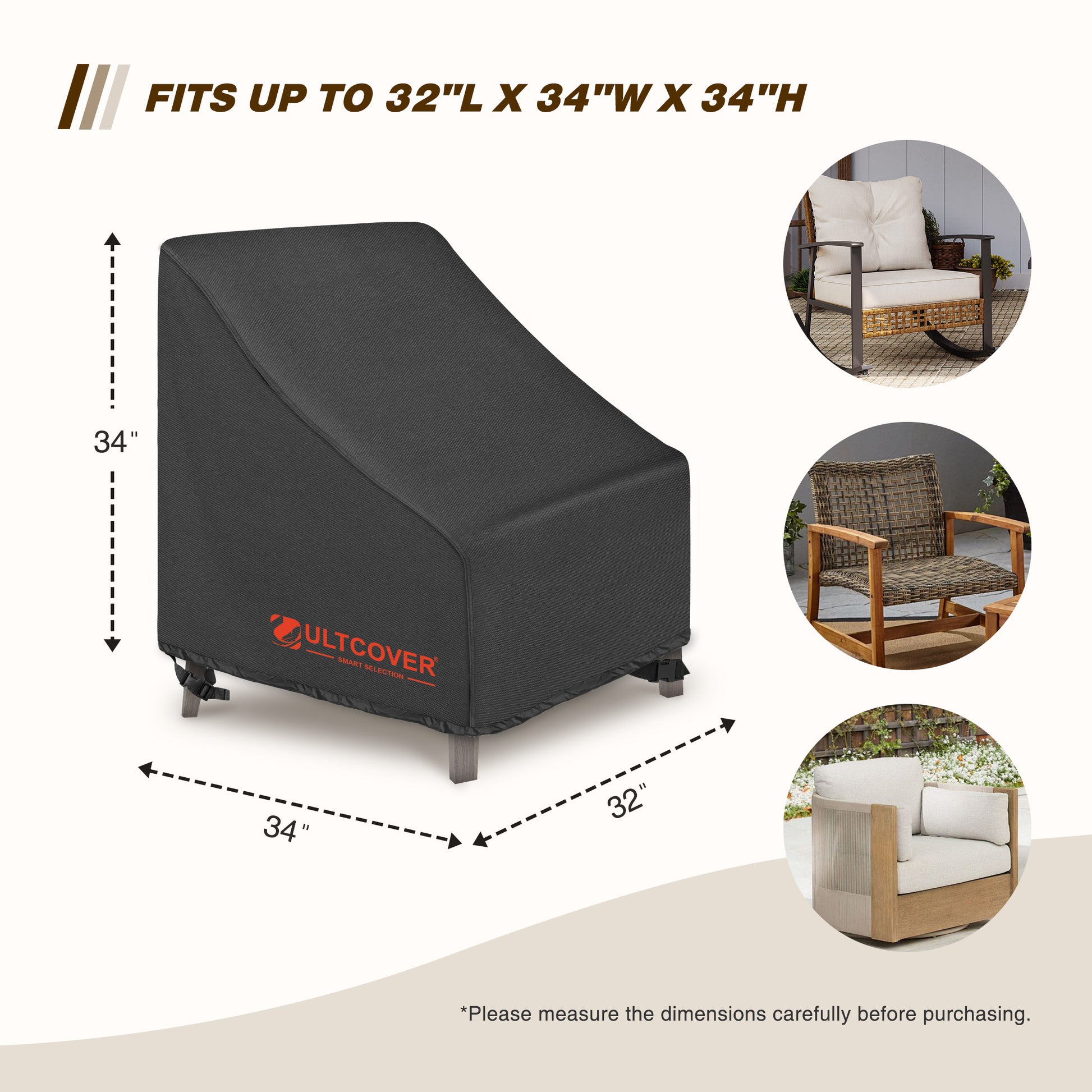 Black chair cover with dimensions and Ultcover branding black