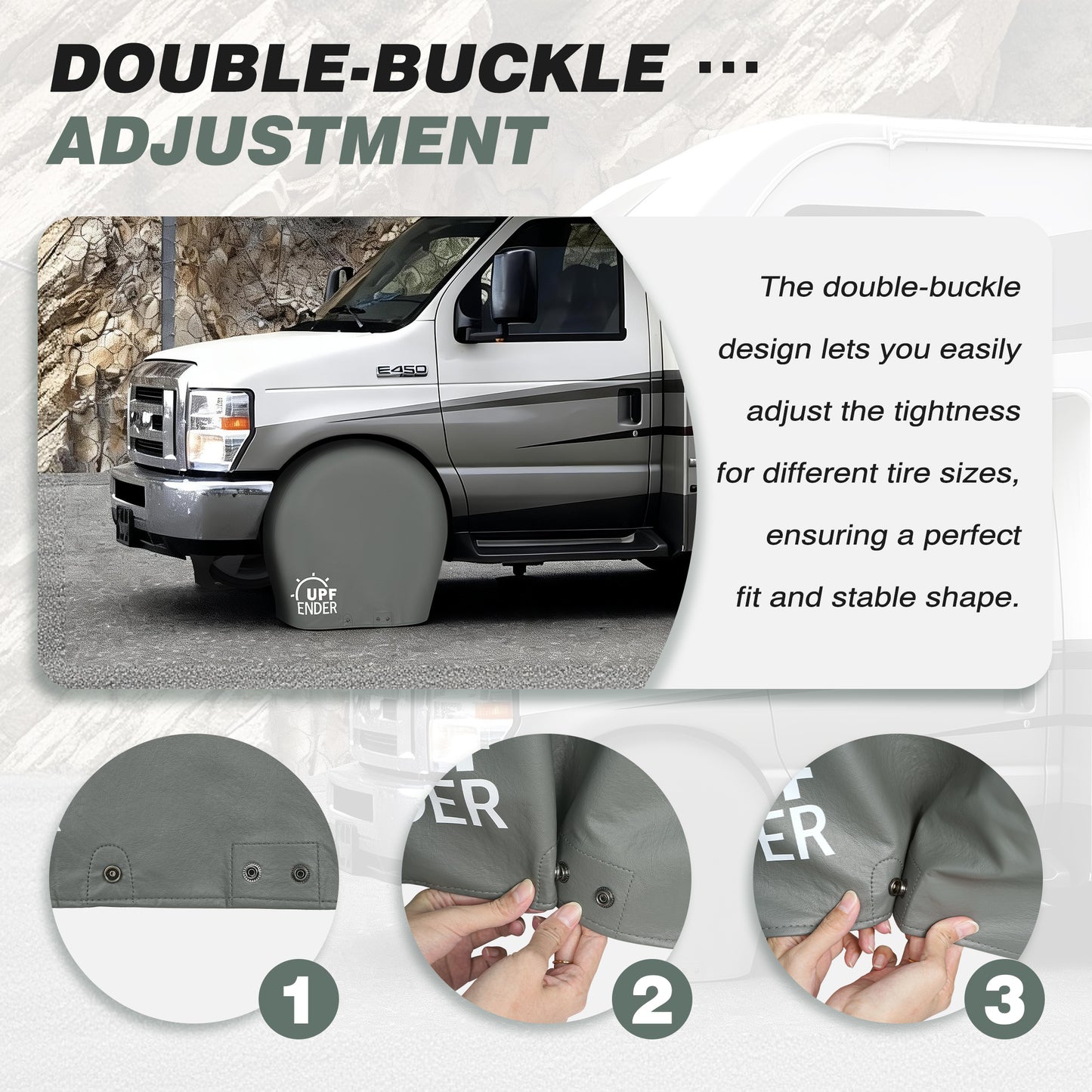 Tire cover with double-buckle adjustment feature on a white van, showing product use and features. gray
