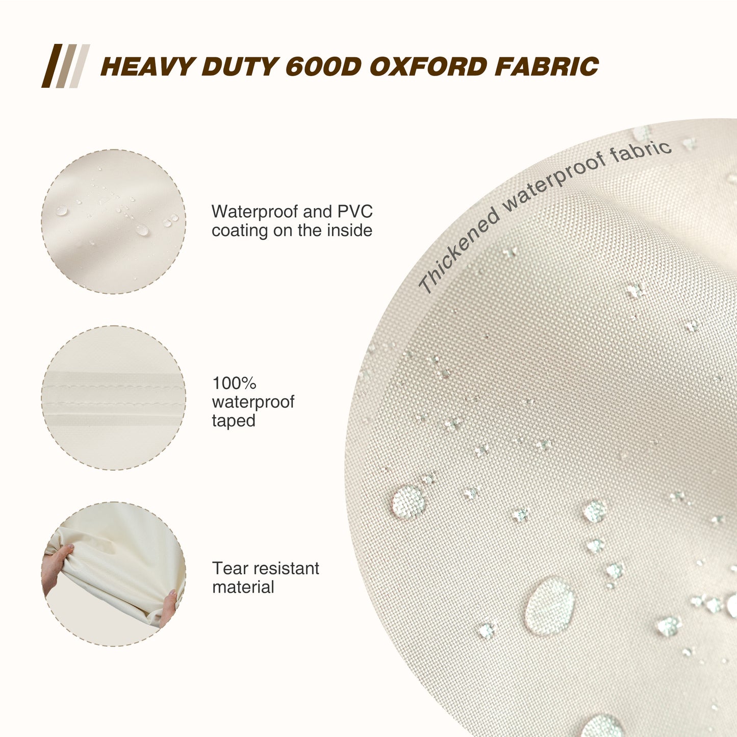 Heavy-duty 600D Oxford fabric with waterproof and tear-resistant properties, shown with water droplets. beige