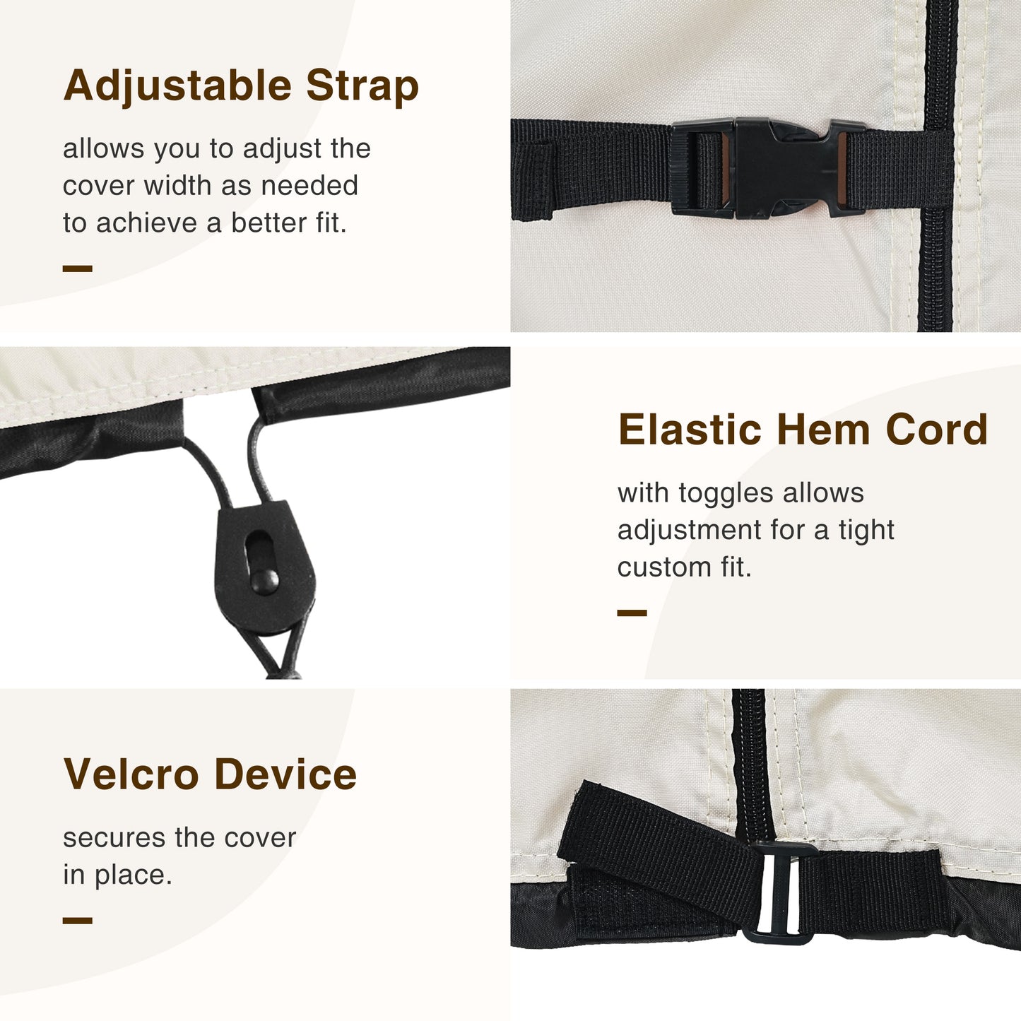 Product image with text describing adjustable strap, elastic hem cord, and velcro device beige
