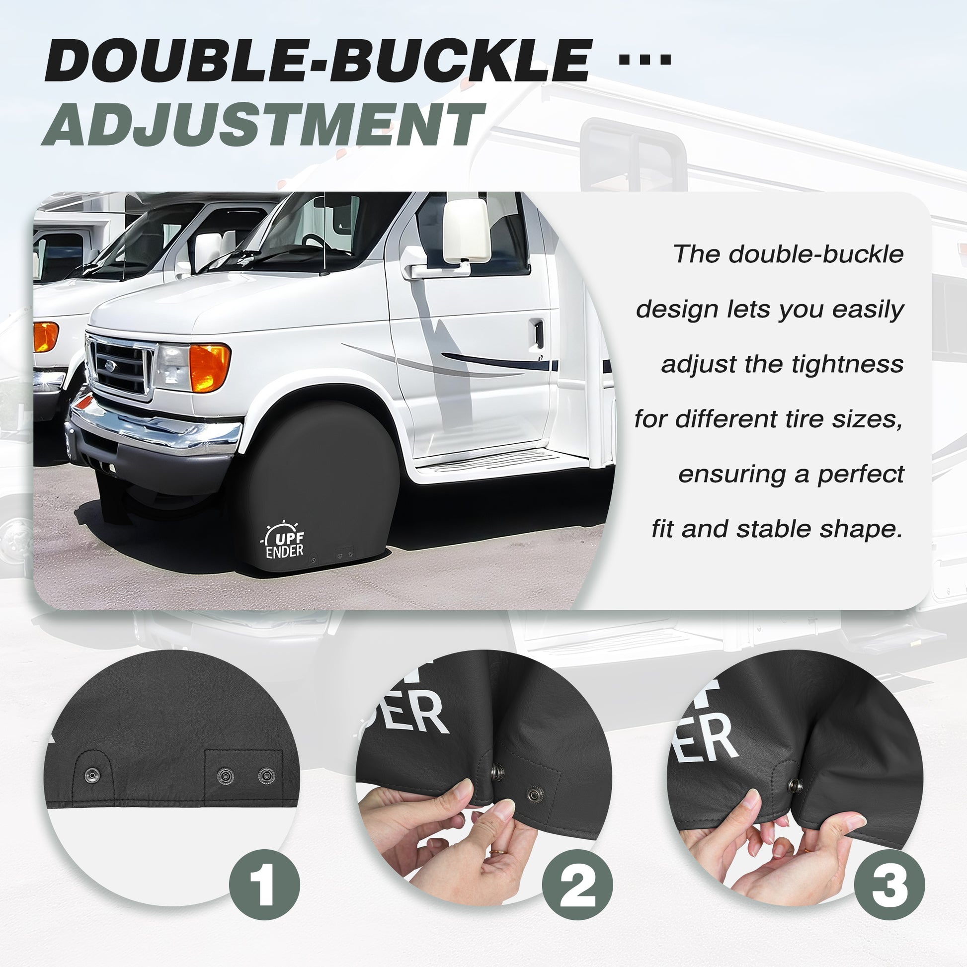 Van with tire cover and text about double-buckle adjustment, showing close-ups of the product. black