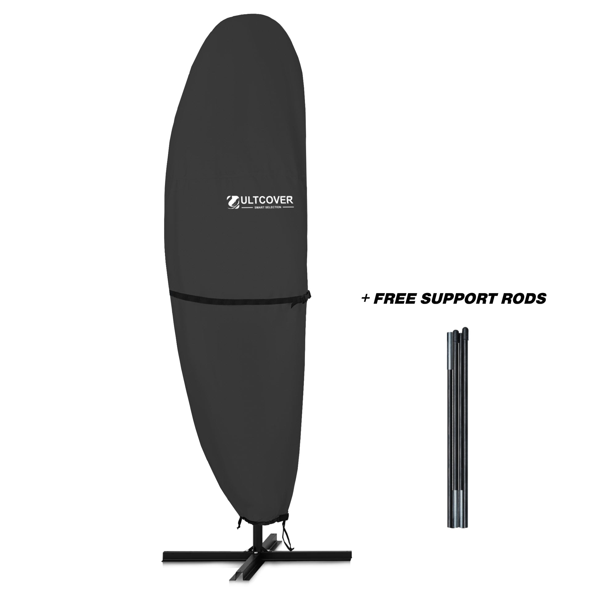 Black surfboard cover with Ultcover branding and free support rods black