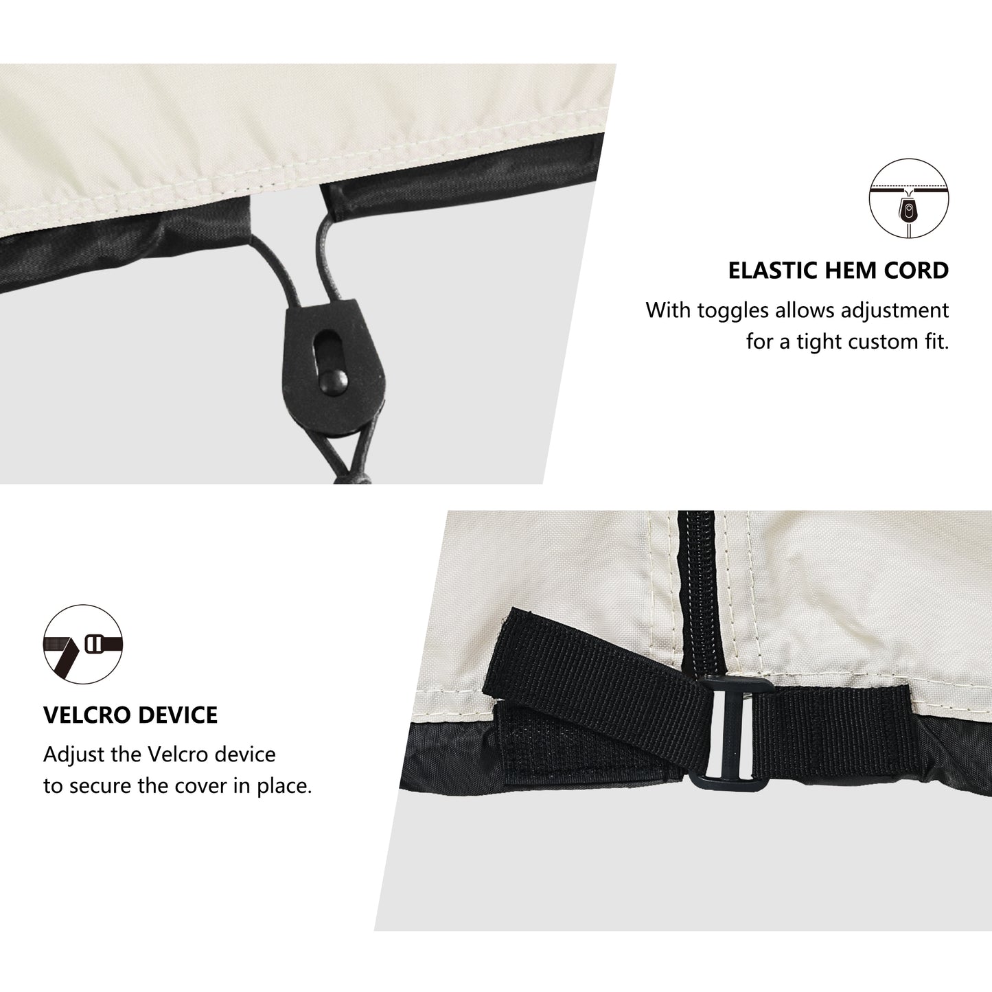 Close-up of a cover with elastic hem cord and Velcro device for adjustment and security. beige