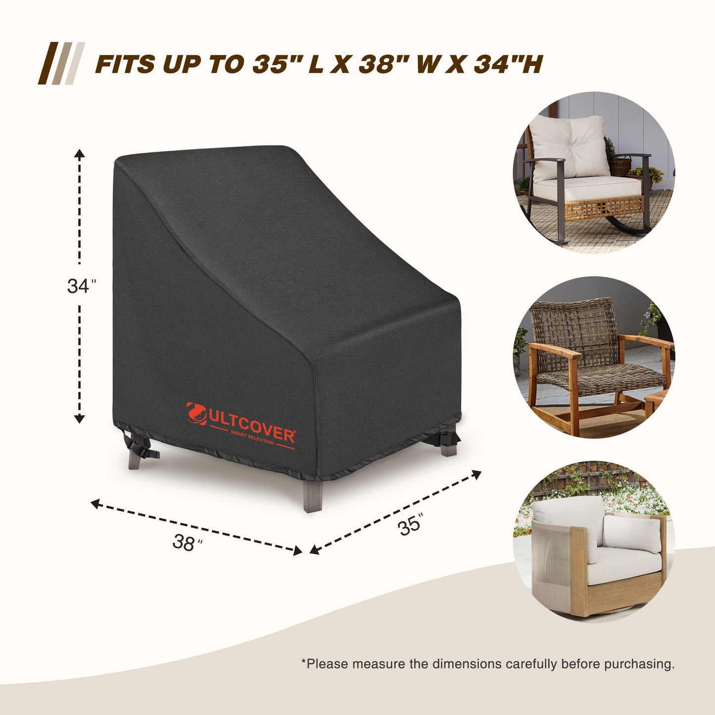 Black chair cover with dimensions and Ultcover branding black