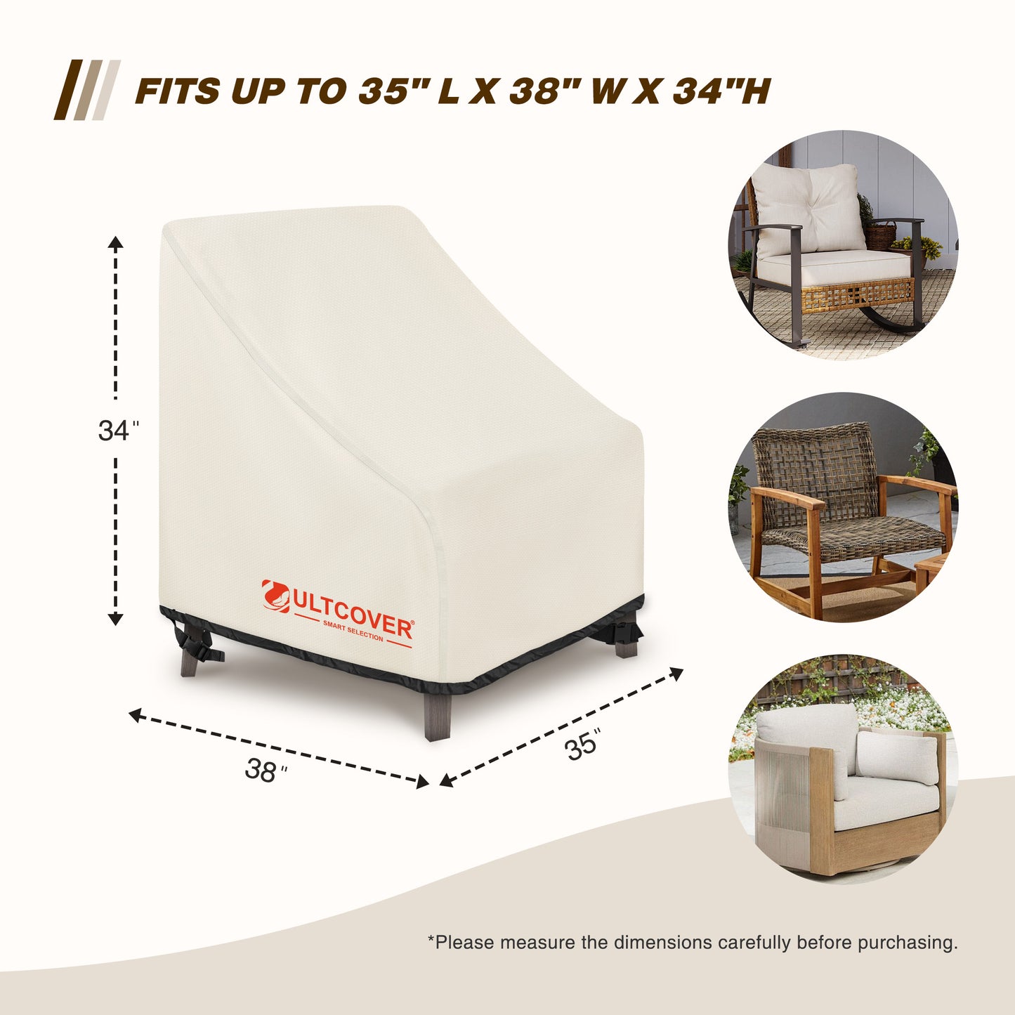 Outdoor furniture cover with dimensions and Ultcover branding beige
