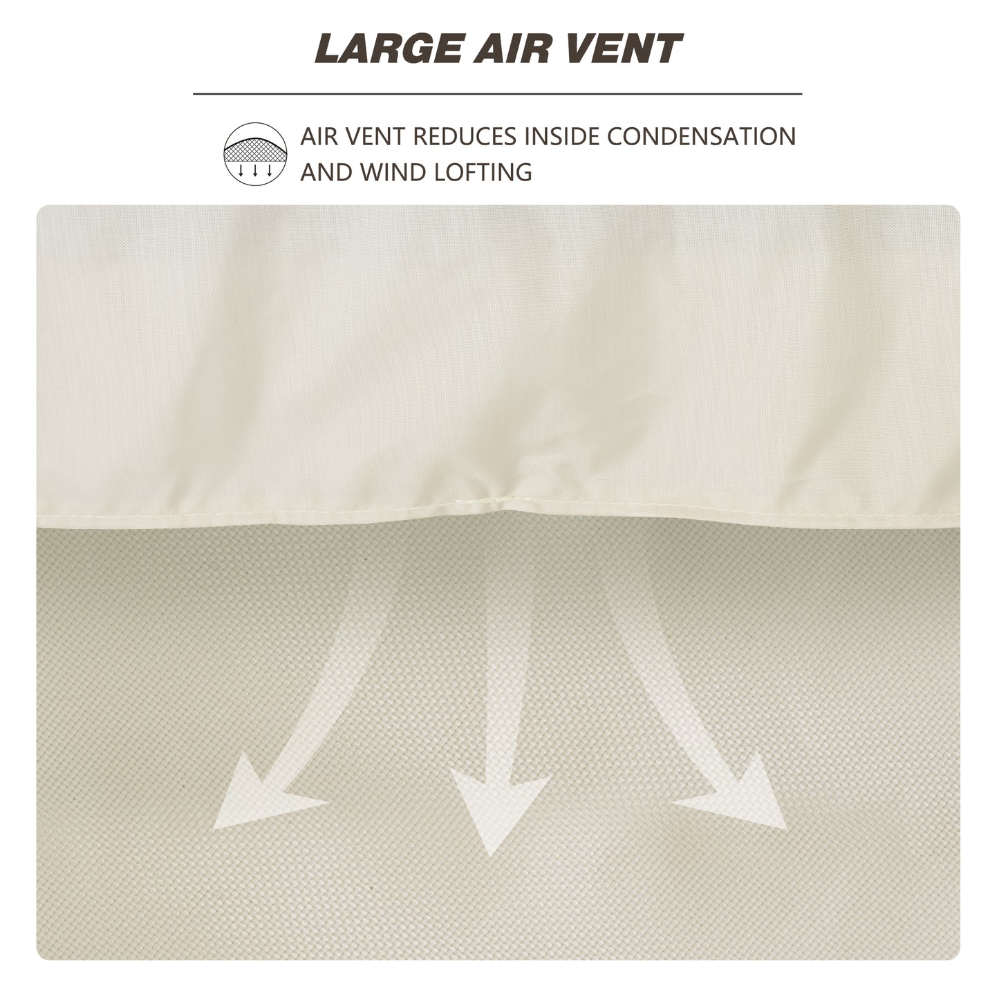 Text and graphic of a large air vent on a product with arrows indicating  airflow. beige