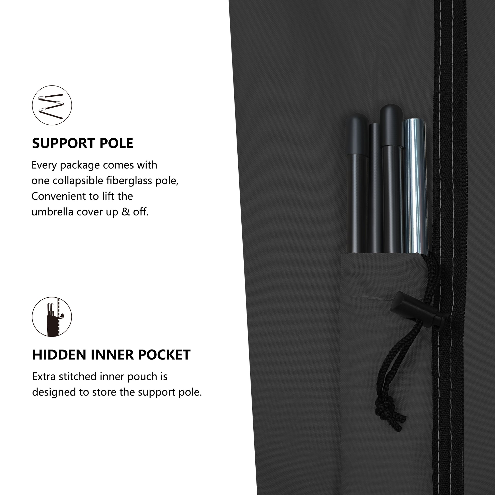 Umbrella cover with support pole and hidden inner pocket black