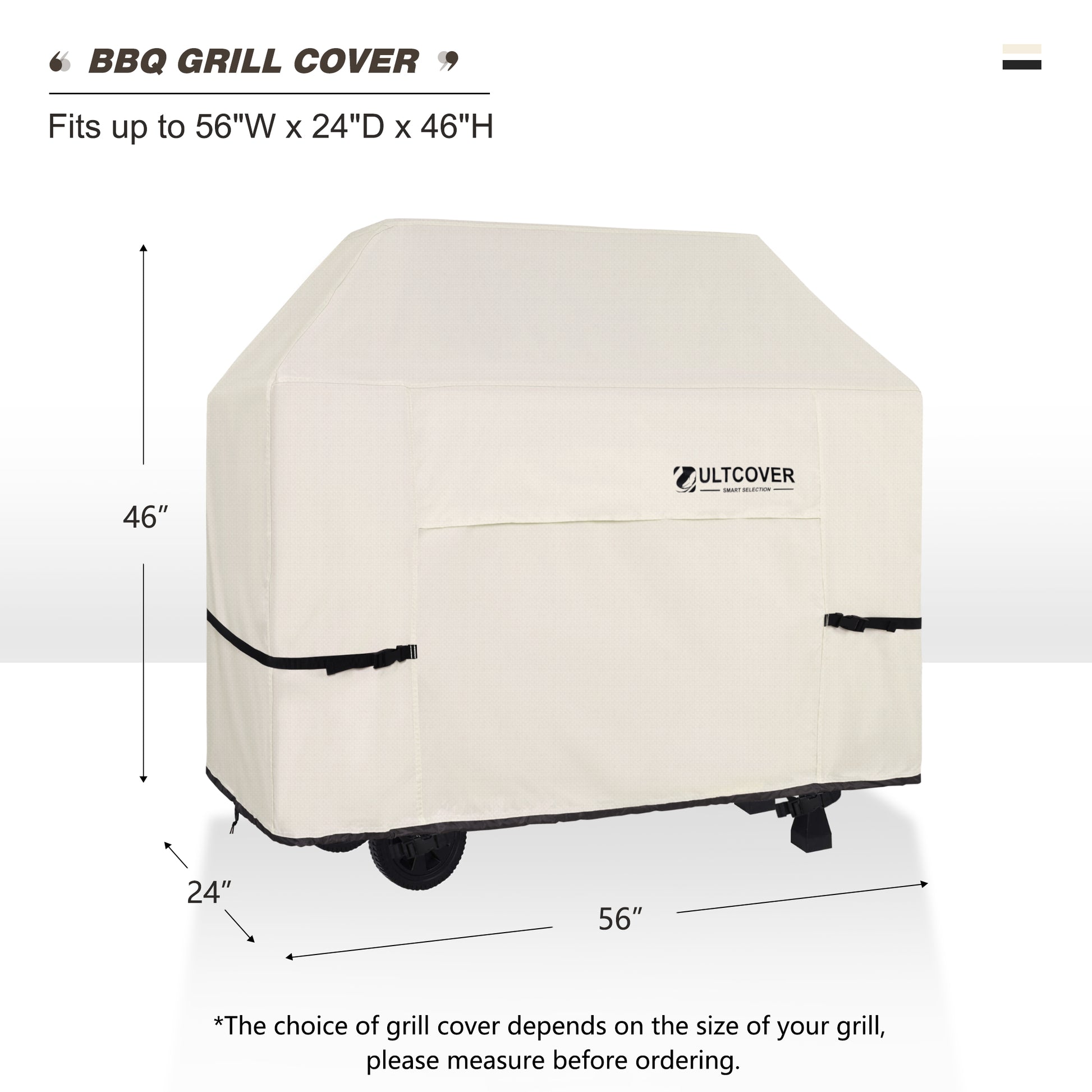 Beige BBQ grill cover with dimensions and Ultcover branding beige