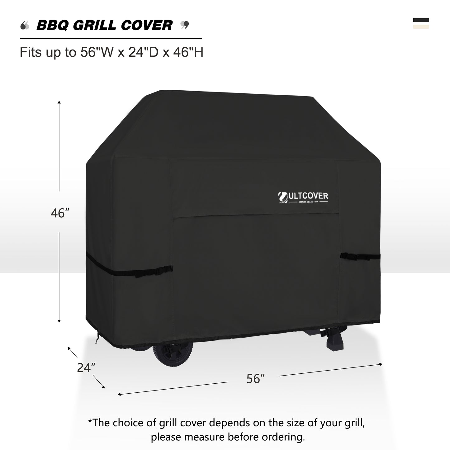 Black BBQ grill cover with dimensions and Ultcover branding black
