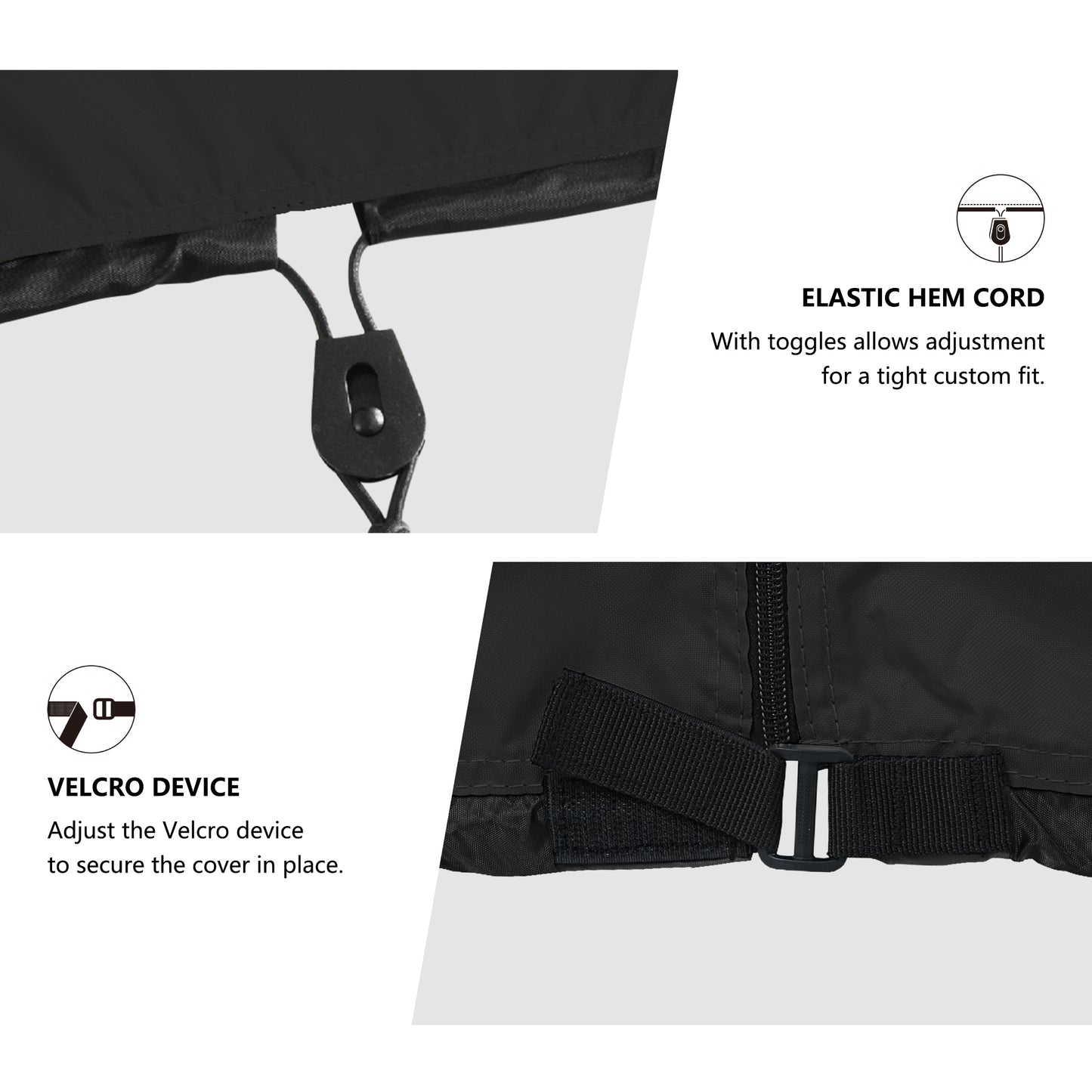 Close-up of a black cover with elastic hem cord and Velcro device black