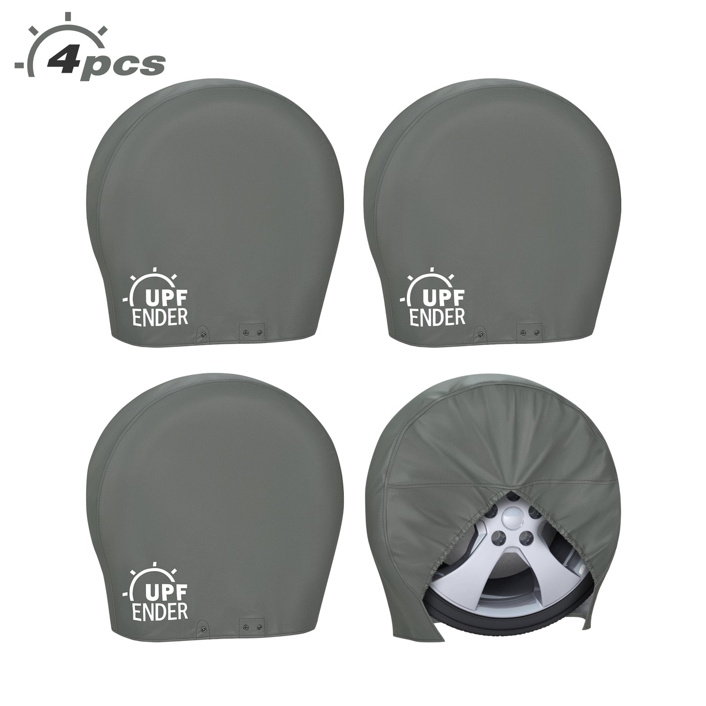 Four gray wheel covers with 'UPF ENDER' branding gray