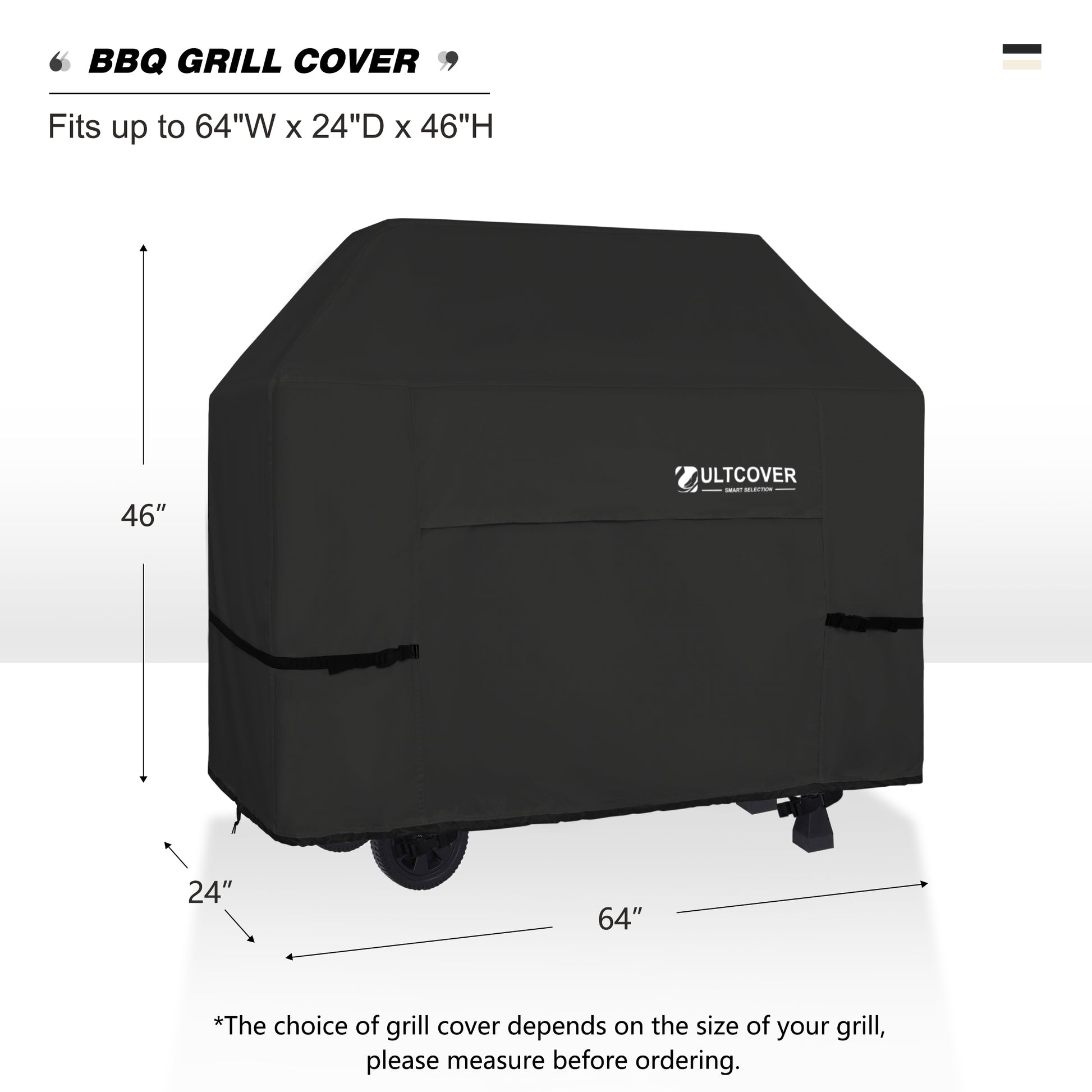 Black BBQ grill cover with dimensions and Ultcover branding black