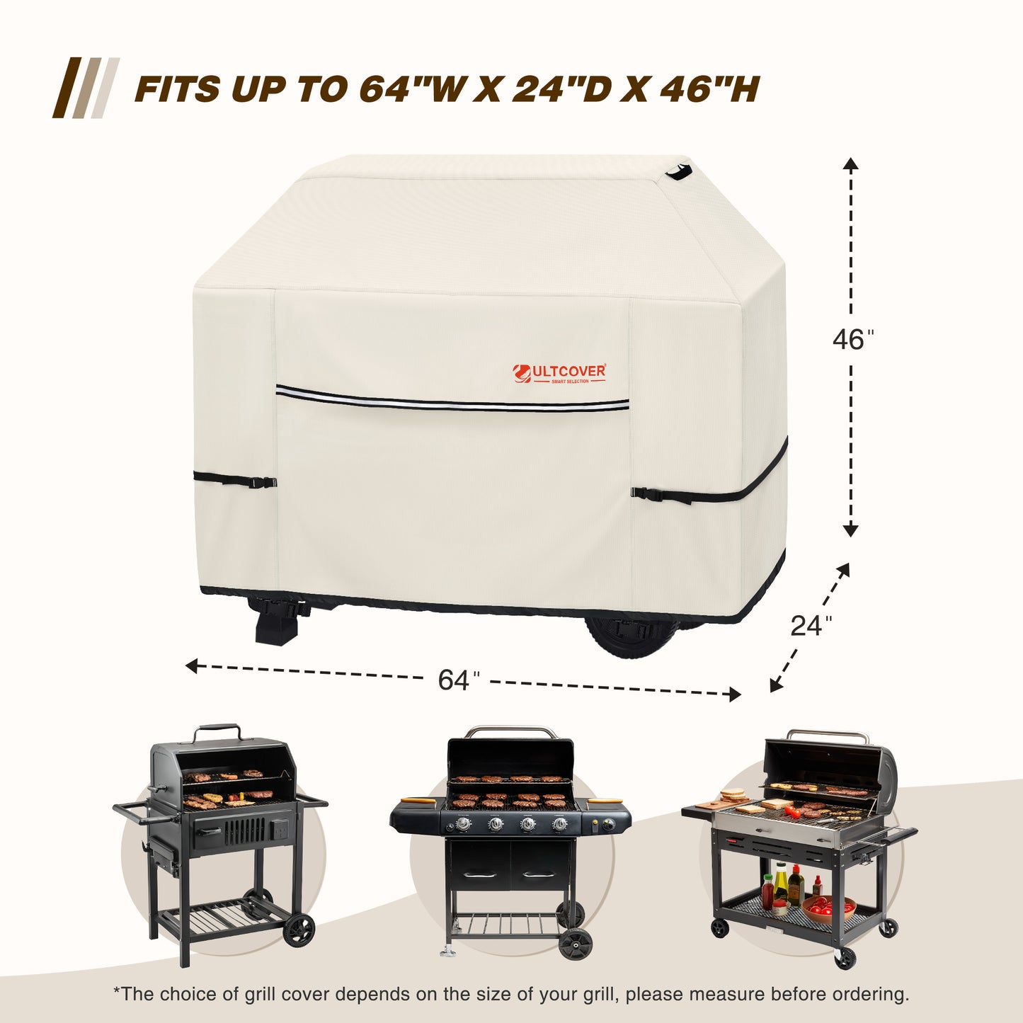 Beige grill cover with dimensions and Ultcover branding beige